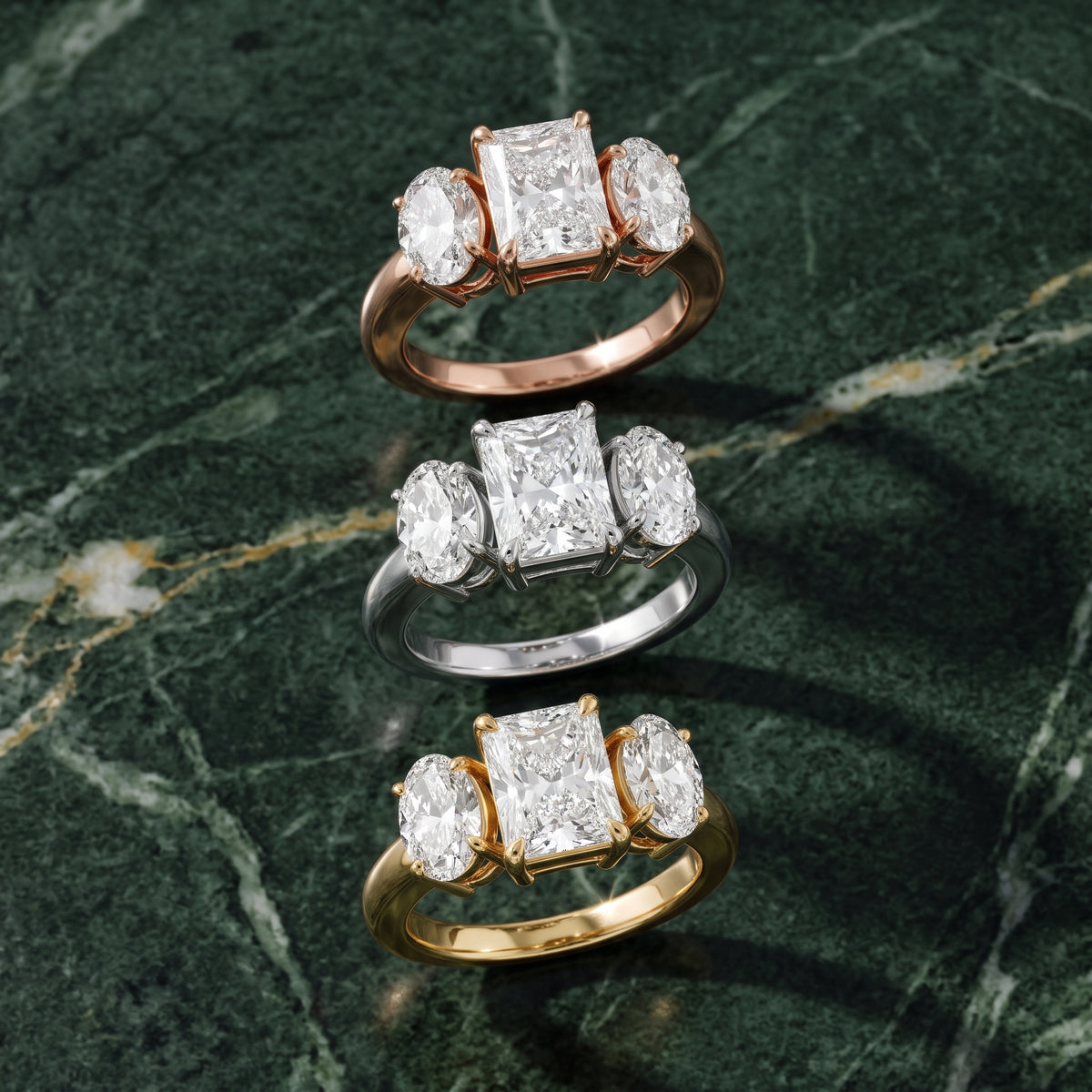 Lila Three-Stone Radiant Diamond Engagement Ring in Rose Gold - 3rings.jpg