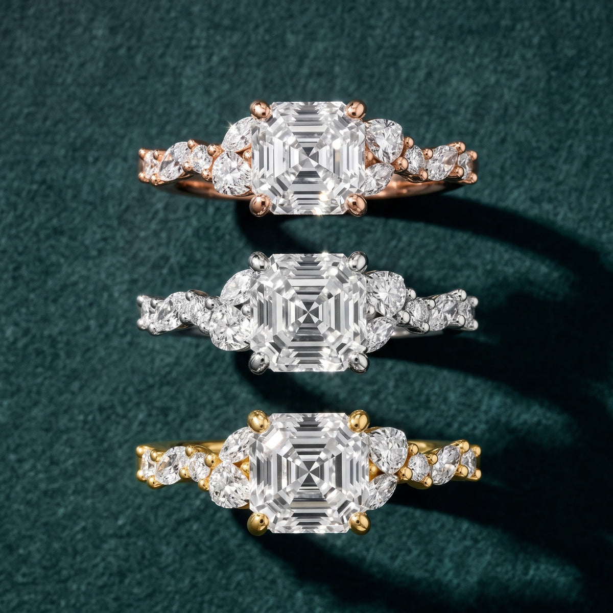 Mesa Vine Cluster Asscher Diamond Engagement Ring in Yellow Gold - 3rings.jpg