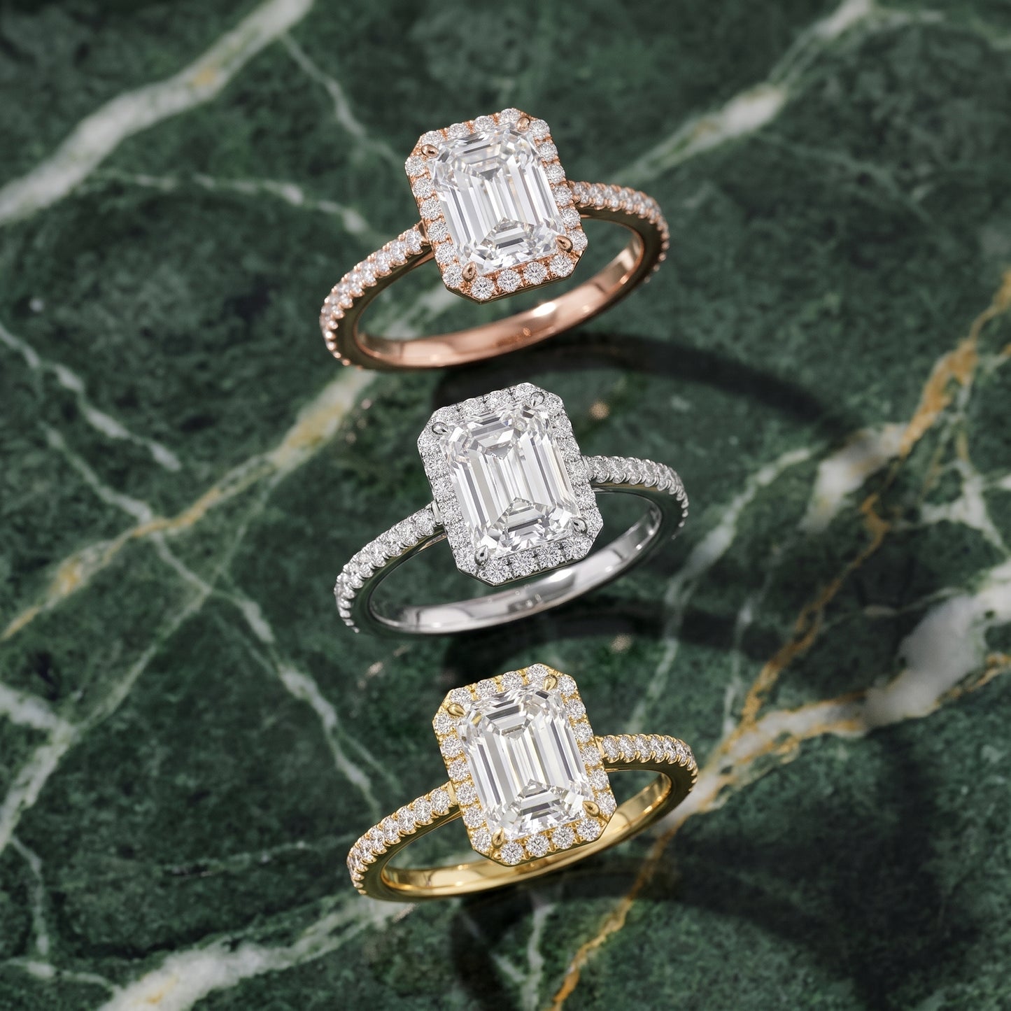Willa Halo Micropavé Emerald Diamond Engagement Ring in White Gold - 3rings.jpg