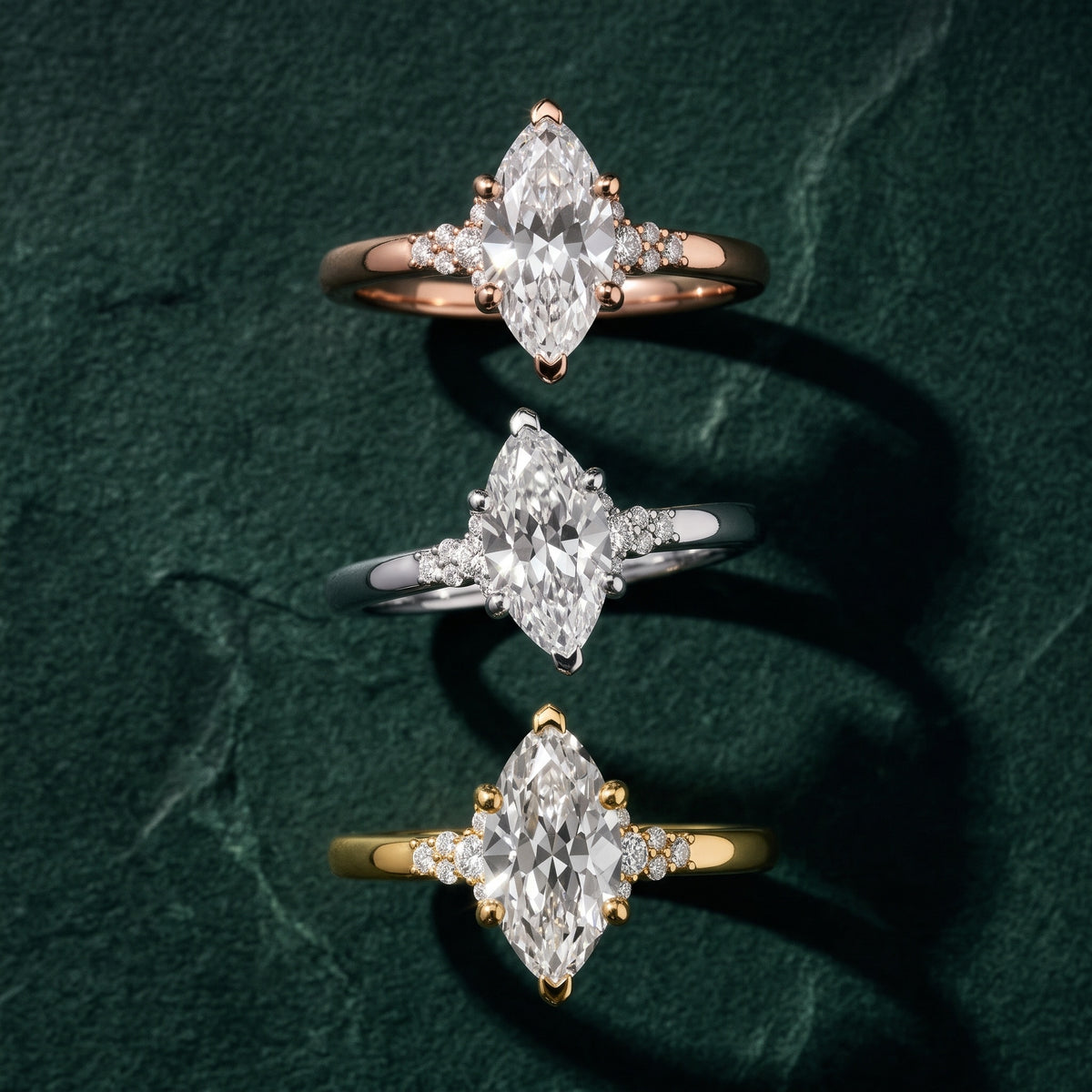 Vail Starburst Cluster Marquise Diamond Engagement Ring in Rose Gold - 3rings.jpg