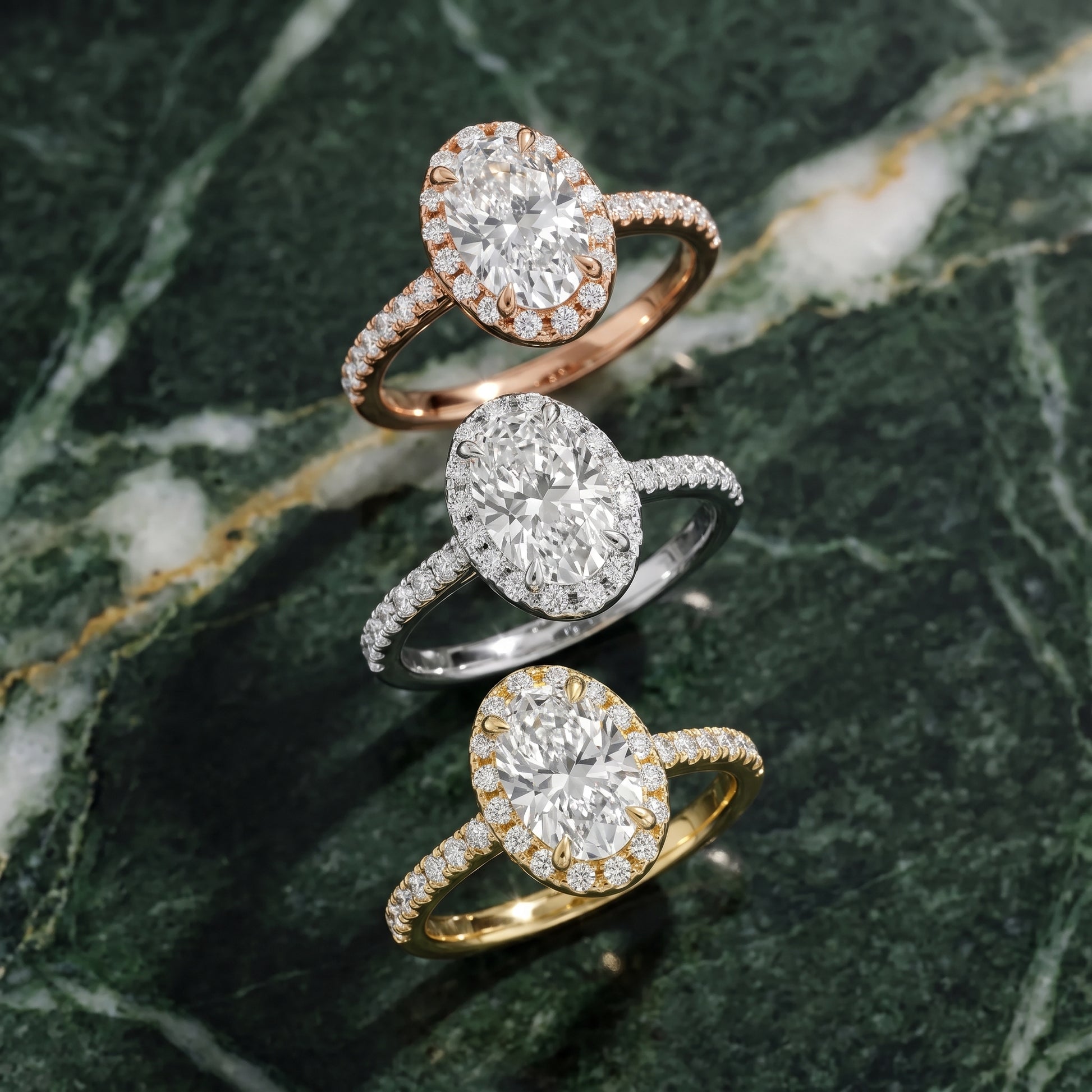 Amara Halo Claw Prong Oval Diamond Ring in Rose Gold - 3rings.jpg