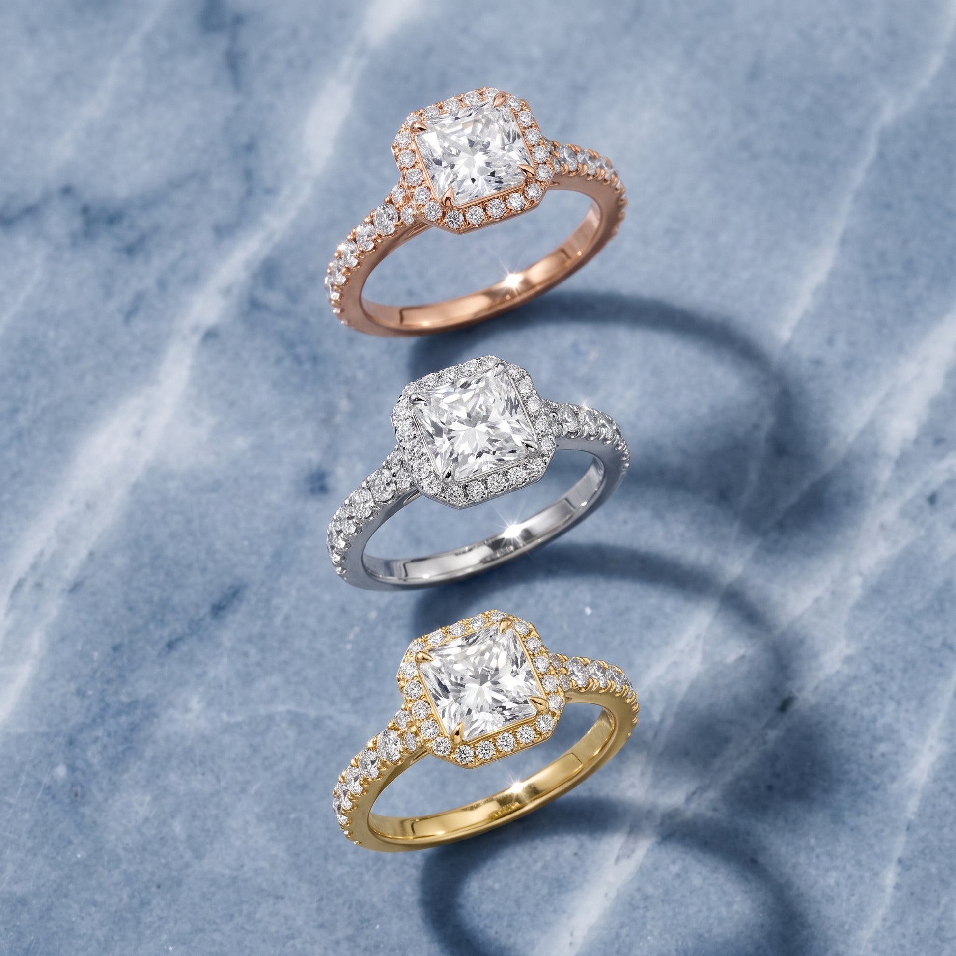 Bella Halo Pavé Radiant Diamond Engagement Ring in Yellow Gold - 3rings.jpg