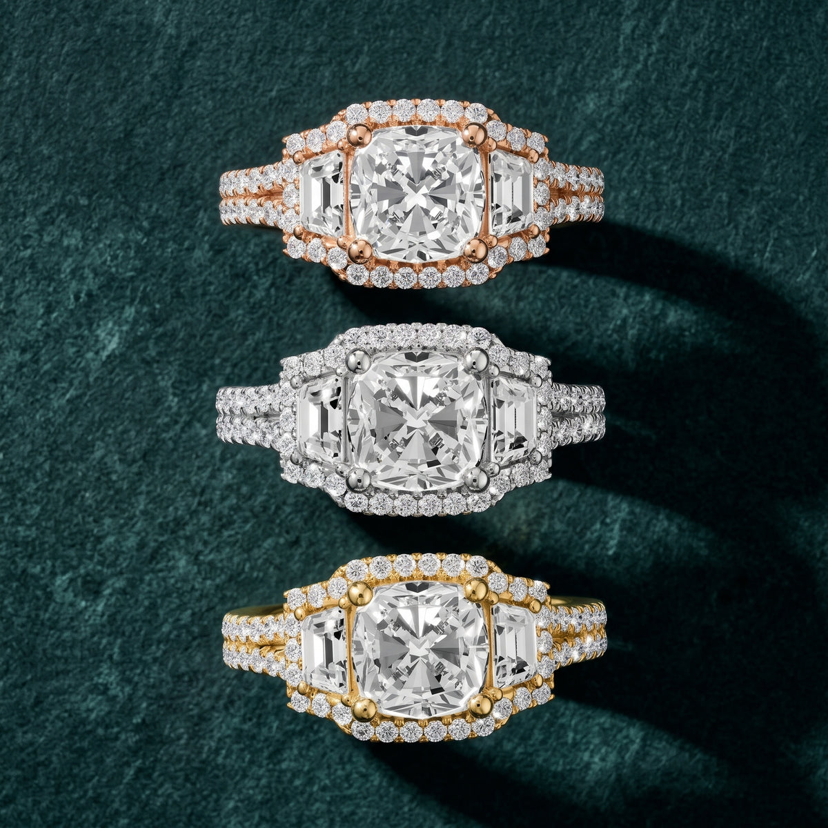 Ronan Three-Stone Halo Cushion Diamond Engagement Ring in Platinum - 3rings.jpg