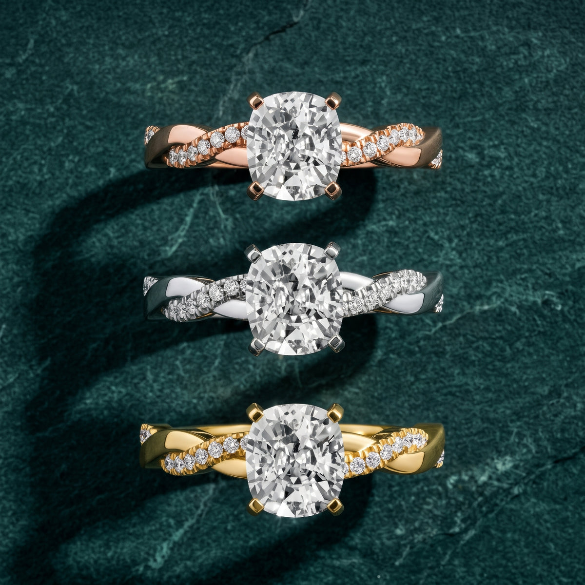 Twisted Side Stone Cushion Diamond Engagement Ring in Yellow Gold - 3rings.jpg