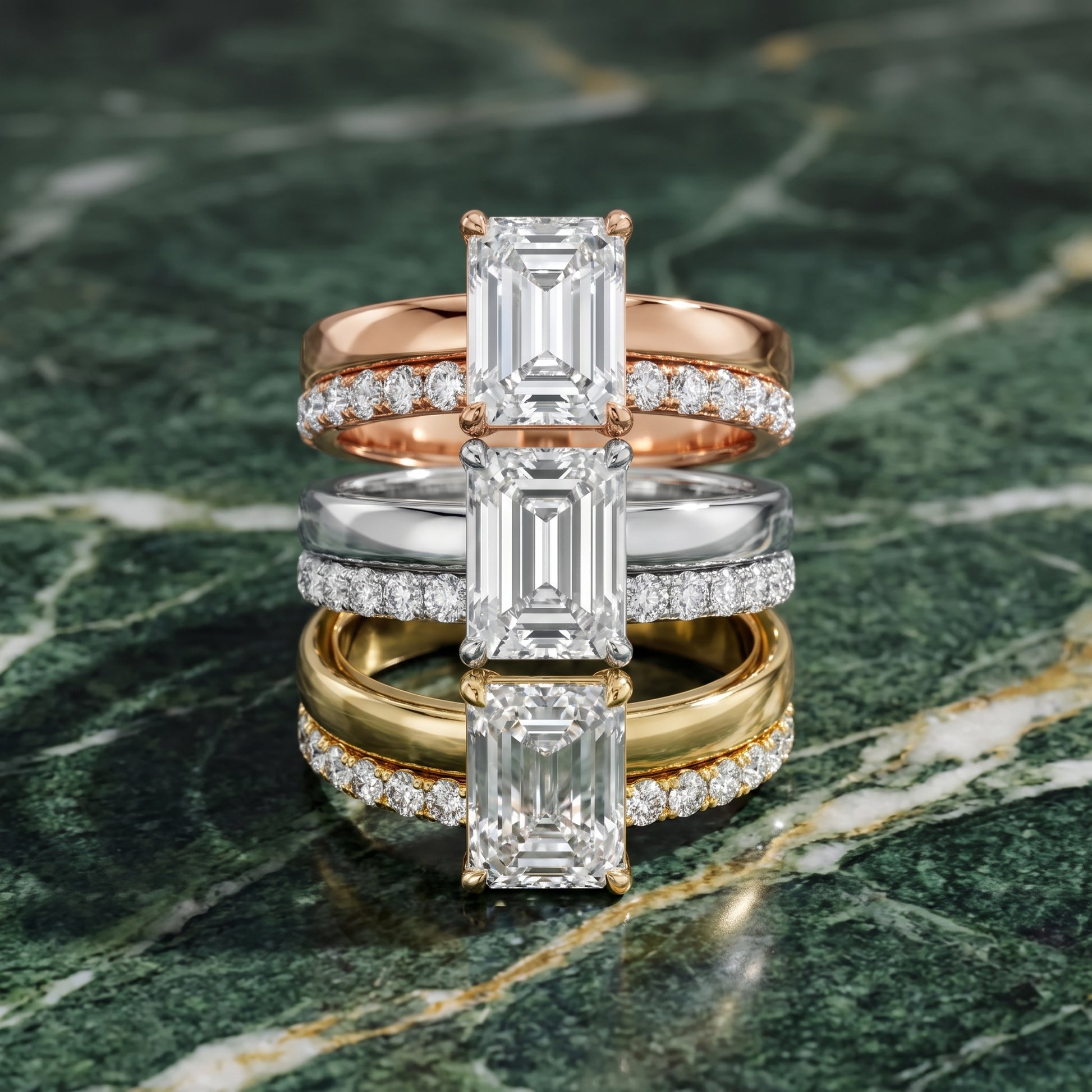 Veda Split Shank Pavé Emerald Diamond Engagement Ring in Yellow Gold - 3rings.jpg