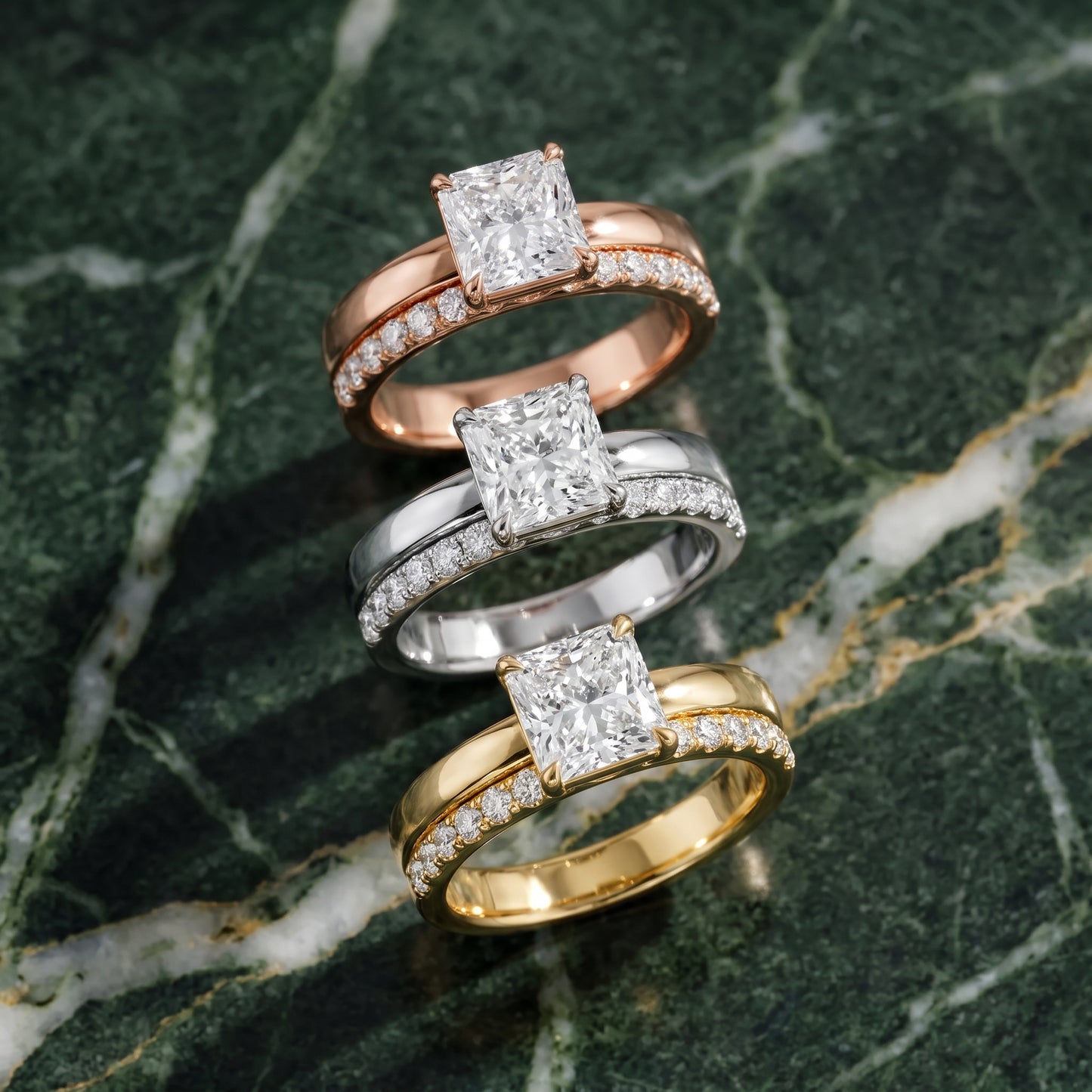 Veda Split Shank Pavé Radiant Diamond Engagement Ring in Rose Gold - 3rings.jpg