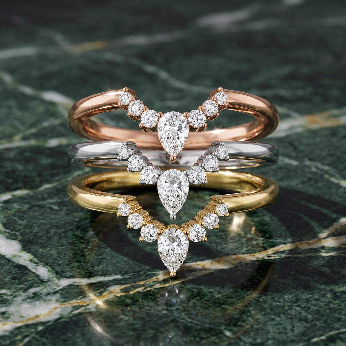Nisha Curved Pear & Round Diamond Wedding Band in Yellow Gold - 3rings.jpg
