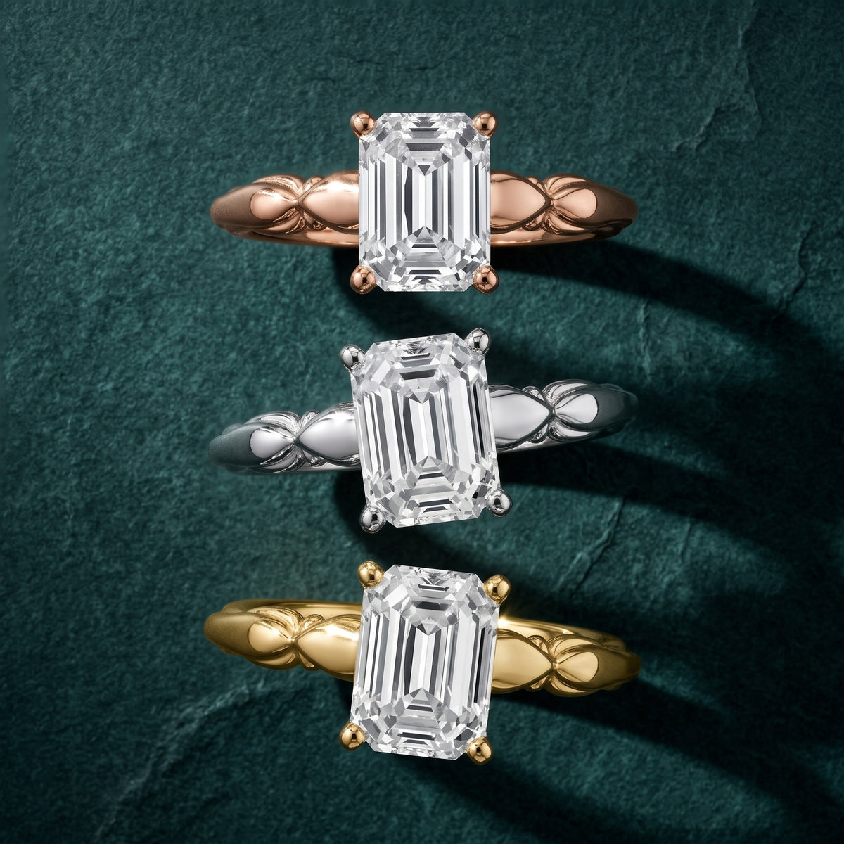 Verena Engraved Leaf Emerald Diamond Engagement Ring in Platinum - 3rings.jpg