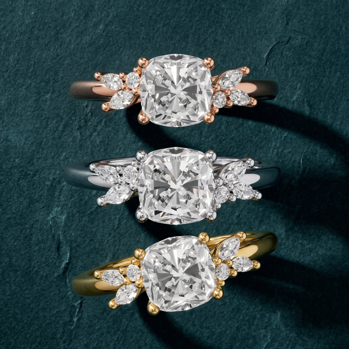 Avon Leaf Cluster Cushion Diamond Engagement Ring in Silver - 3rings.jpg