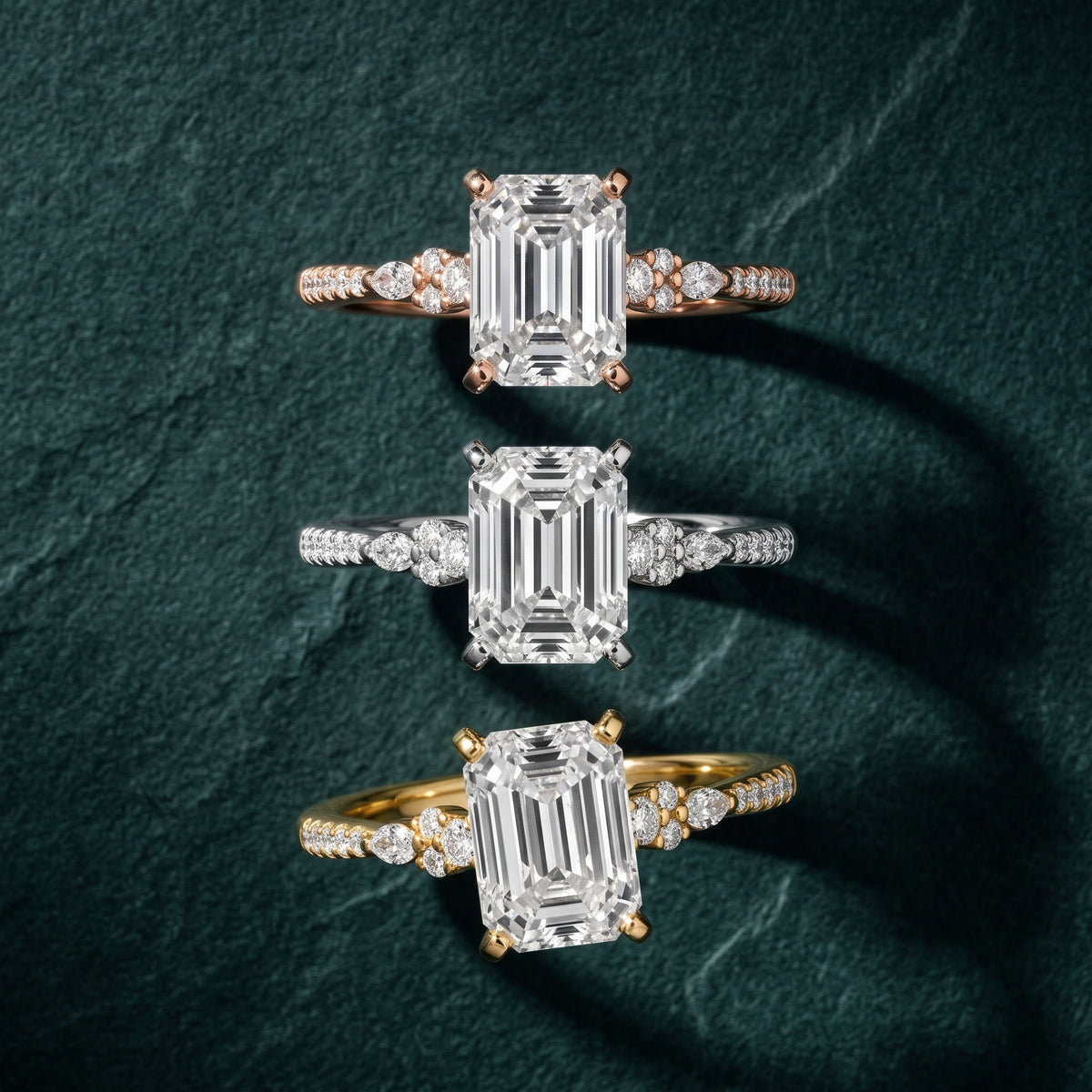 Reina Pavé Cluster Emerald Diamond Engagement Ring in Silver - 3rings.jpg