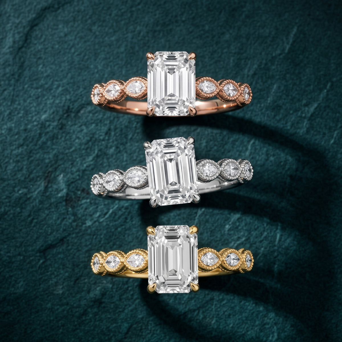Freya Milgrain Leaf Emerald Diamond Engagement Ring in Silver - 3rings.jpg