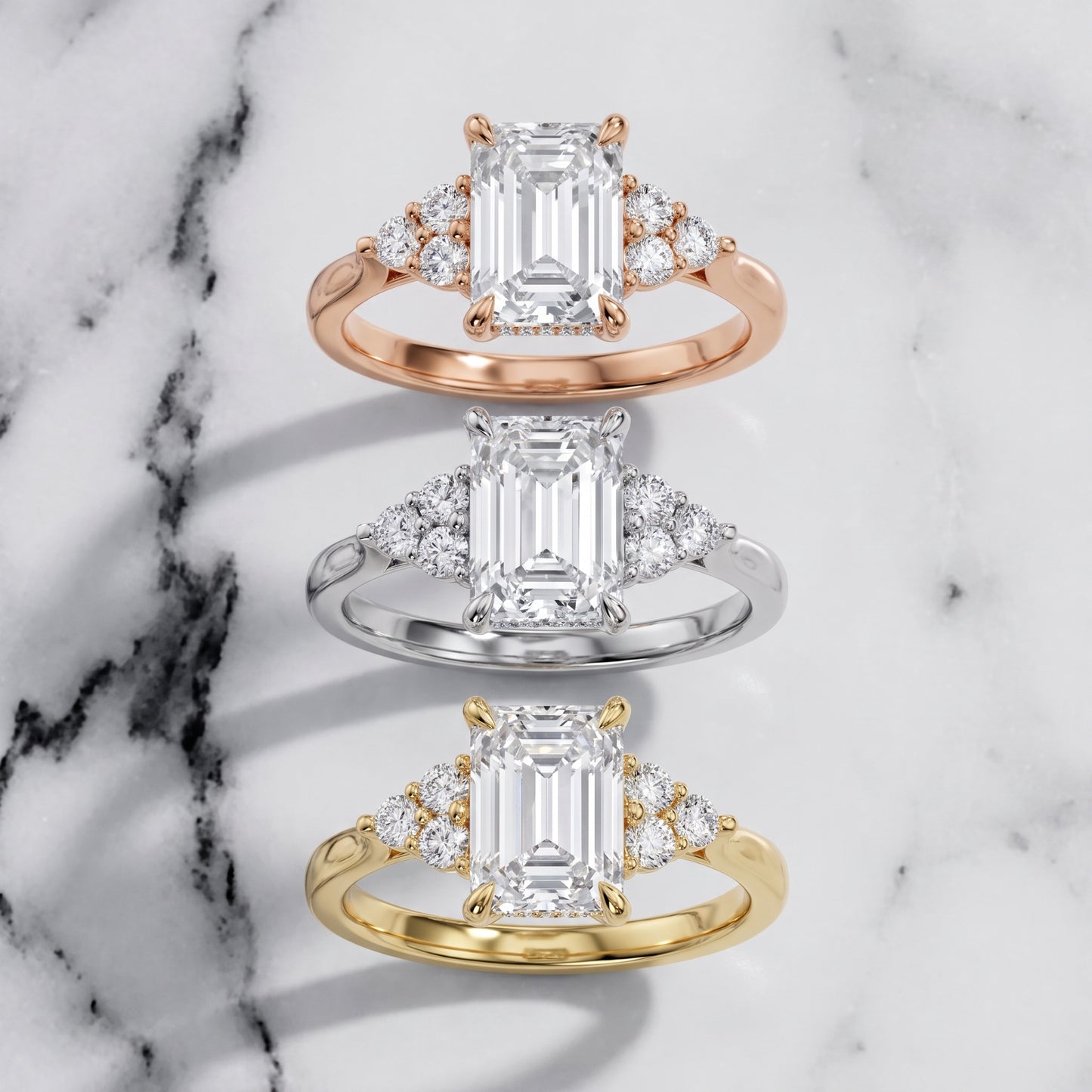 Anya Sidestone Cluster Emerald Diamond Ring in White Gold - 3rings.jpg