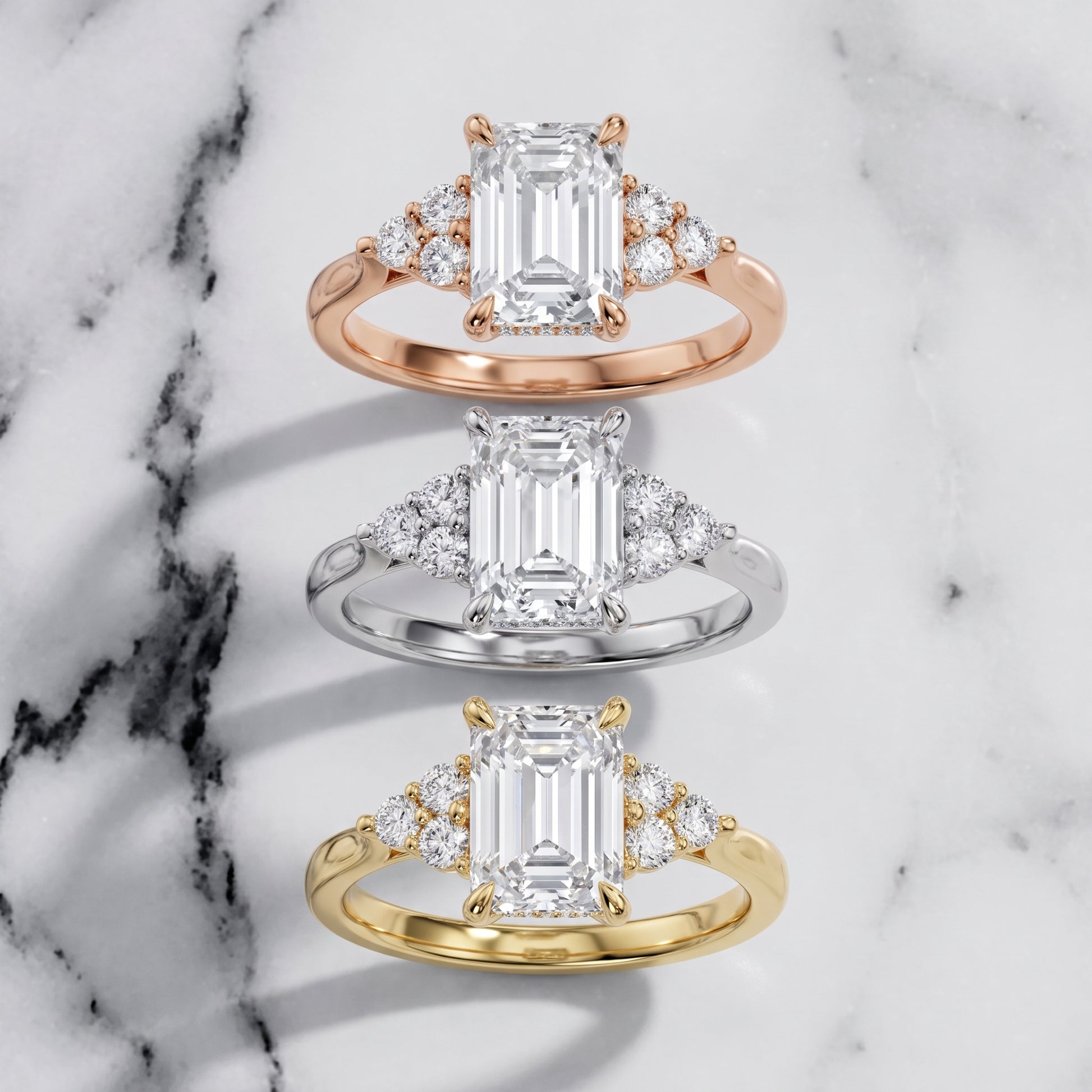 Anya Sidestone Cluster Emerald Diamond Ring in White Gold - 3rings.jpg