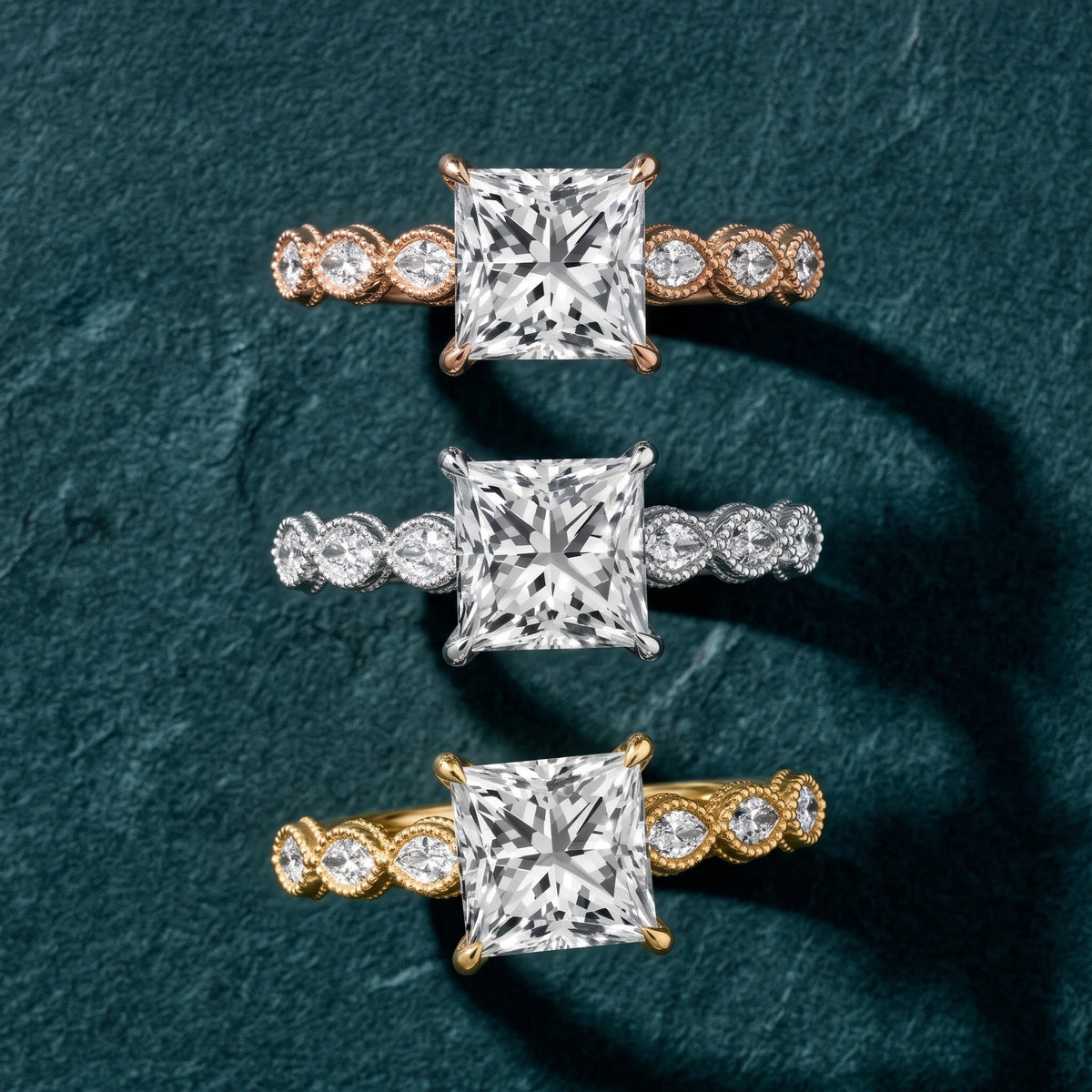 Freya Milgrain Leaf Princess Diamond Engagement Ring in Rose Gold - 3rings.jpg