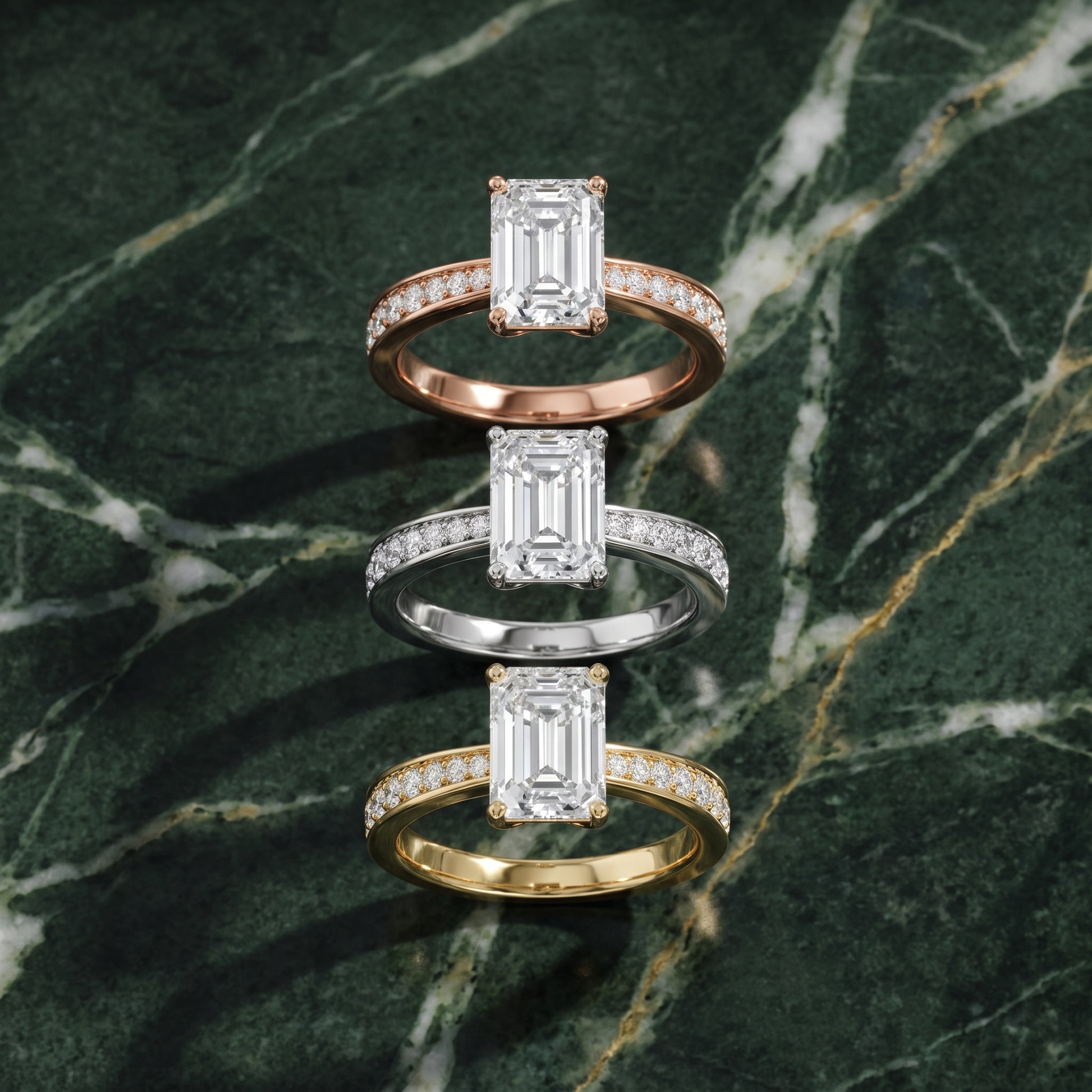 Rhea Sidestone Pavé Emerald Diamond Engagement Ring in Yellow Gold - 3rings.jpg