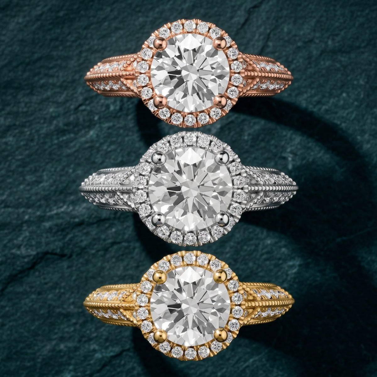 Logan Milgrain Halo Round Diamond Engagement Ring in Rose Gold - 3rings.jpg