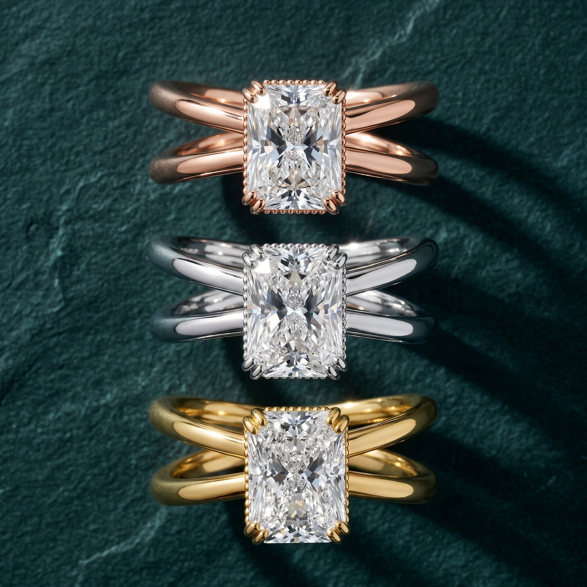Yvonne Crossover Solitaire Radiant Diamond Engagement Ring in Platinum - 3rings.jpg