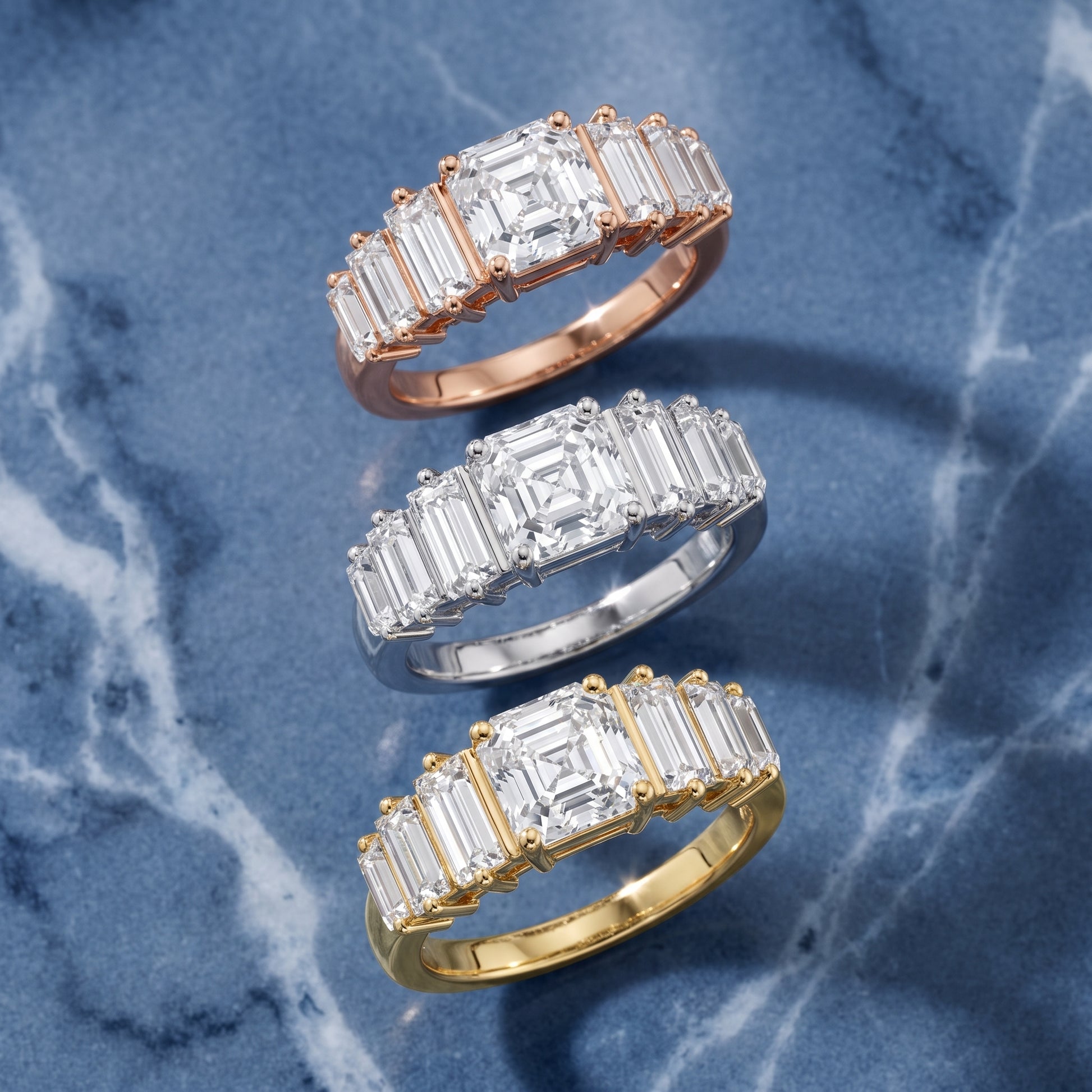 Mara Sidestone Baguette Accent Asscher Diamond Engagement Ring in Rose Gold - 3rings.jpg