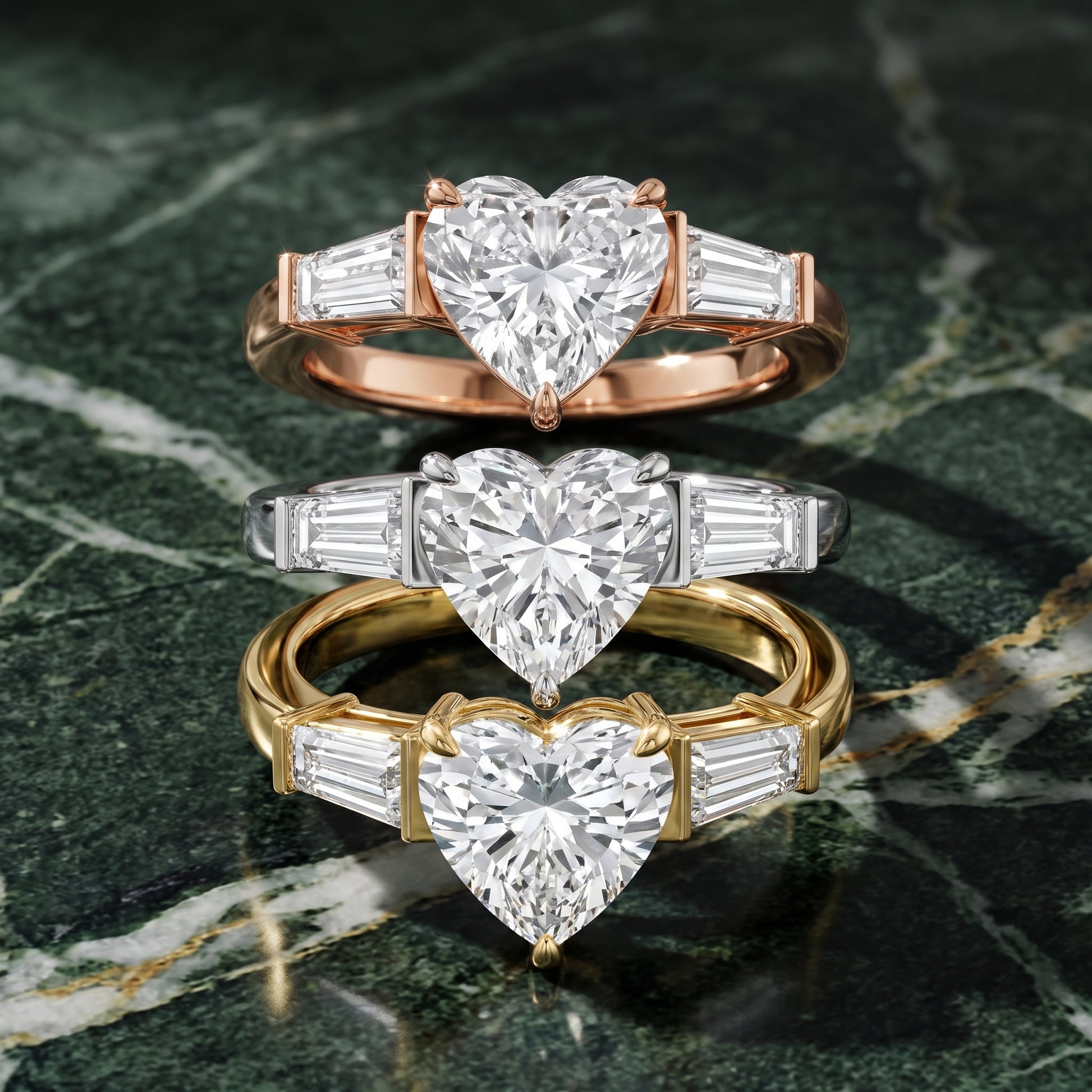 Zelda Tapered Baguette Heart Diamond Engagement Ring in Rose Gold - 3rings.jpg