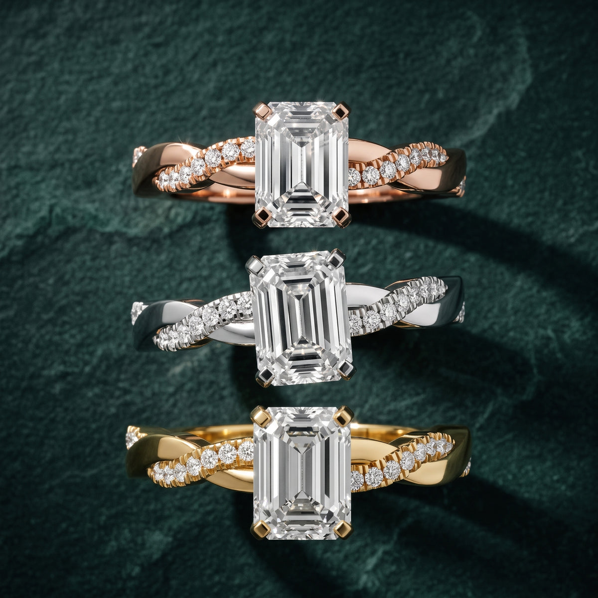 Twisted Side Stone Emerald Diamond Engagement Ring in Silver - 3rings.jpg