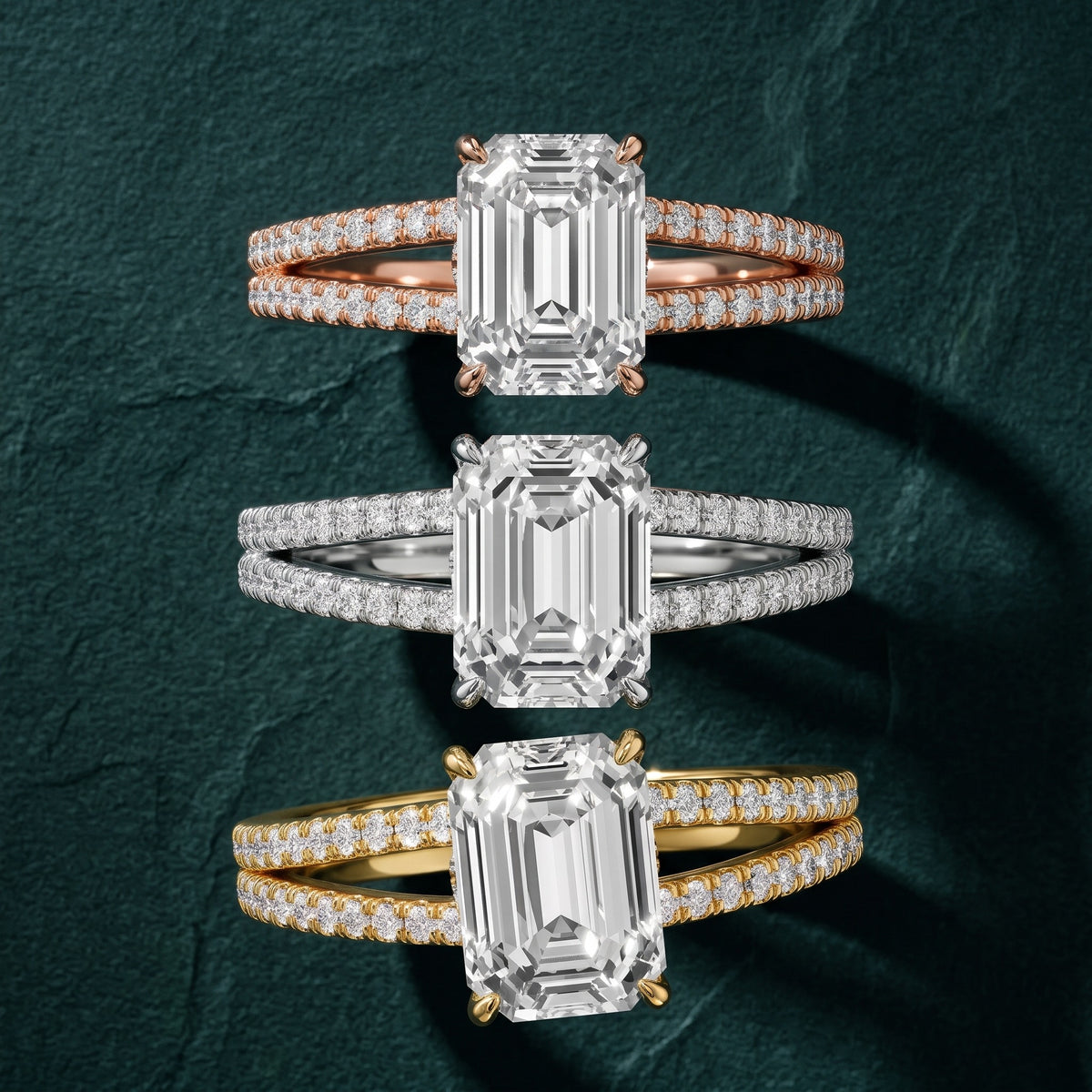 Carmel Hidden Halo Split Shank Emerald Diamond Engagement Ring in Platinum - 3rings.jpg