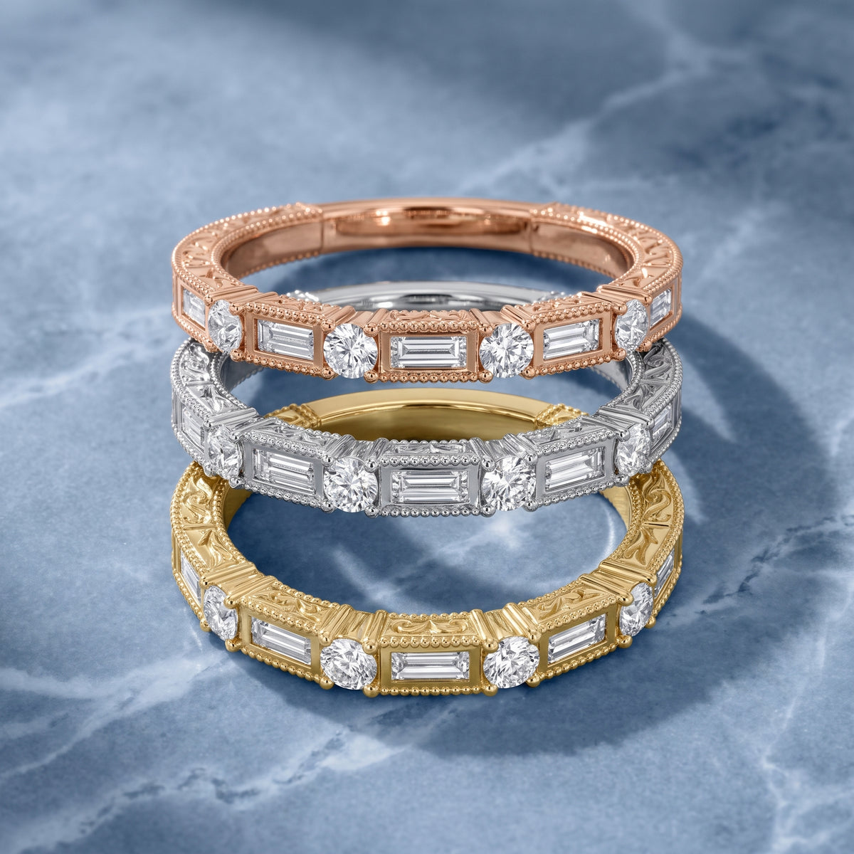 Kyla Milgrain Bezel Baguette & Round Diamond Half Eternity Band in Silver - 3rings.jpg