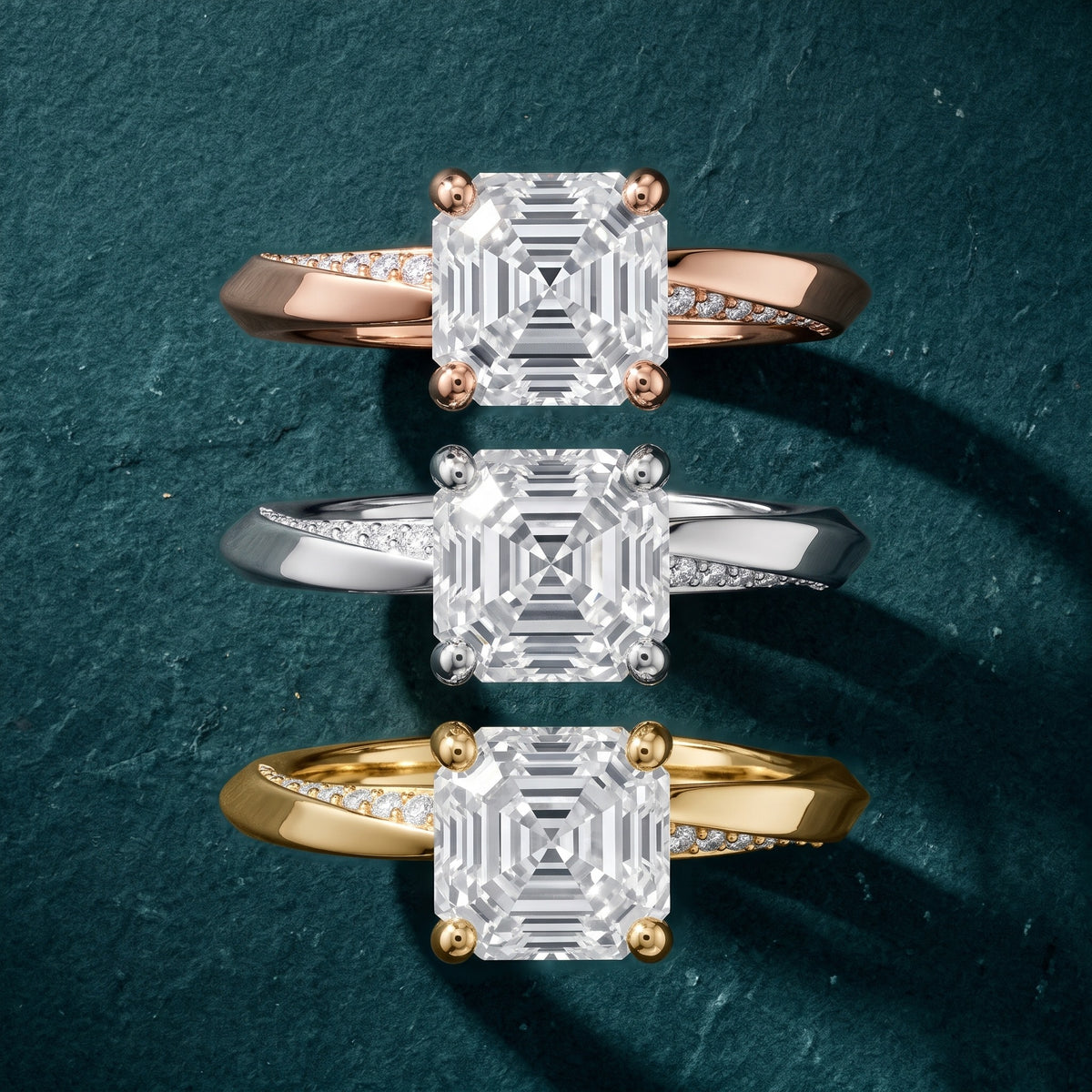 Elisabeth Twist Pavé Asscher Diamond Engagement Ring in Yellow Gold - 3rings.jpg