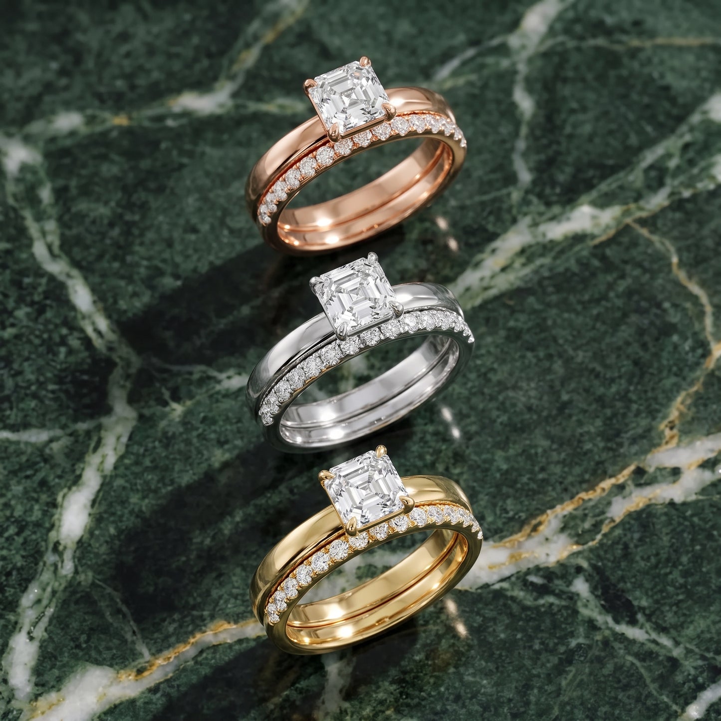 Veda Split Shank Pavé Asscher Diamond Engagement Ring in Platinum - 3rings.jpg
