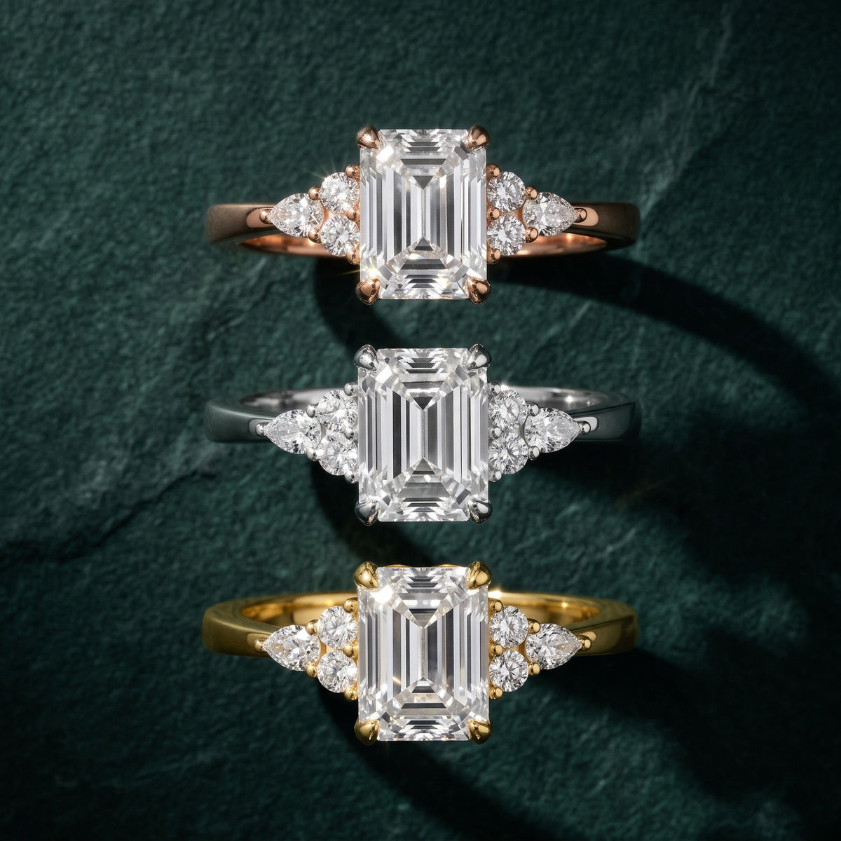 Amelia Three Stone Emerald Diamond Engagement Ring in Yellow Gold - 3rings.jpg