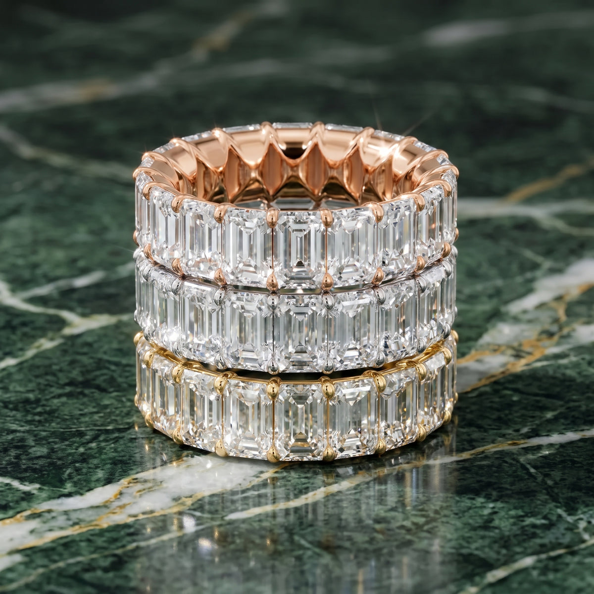 Zaya Shared Prong Emerald Diamond Eternity Band in White Gold - 3rings.jpg