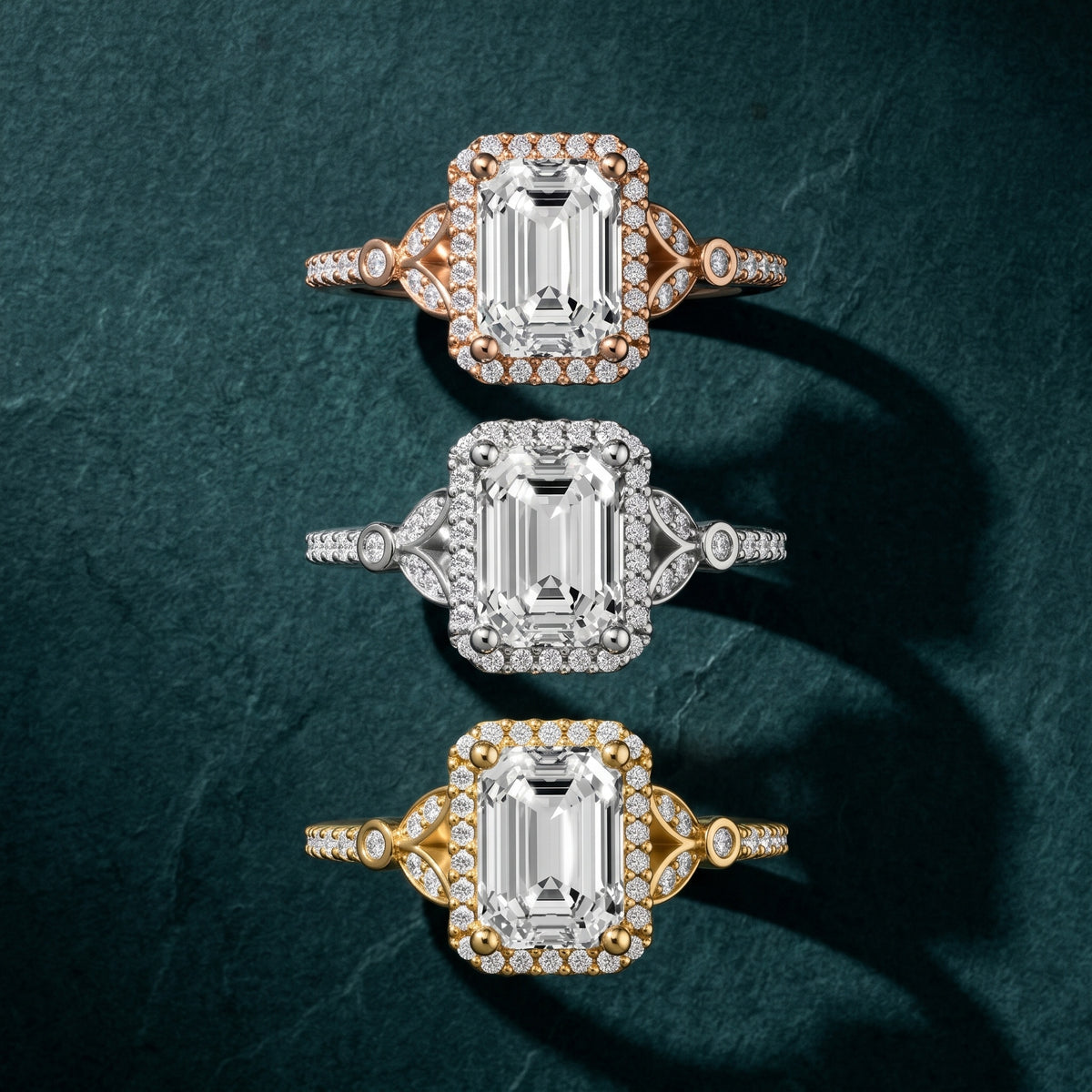 Sitka Leaf Halo Emerald Diamond Engagement Ring in Yellow Gold - 3rings.jpg