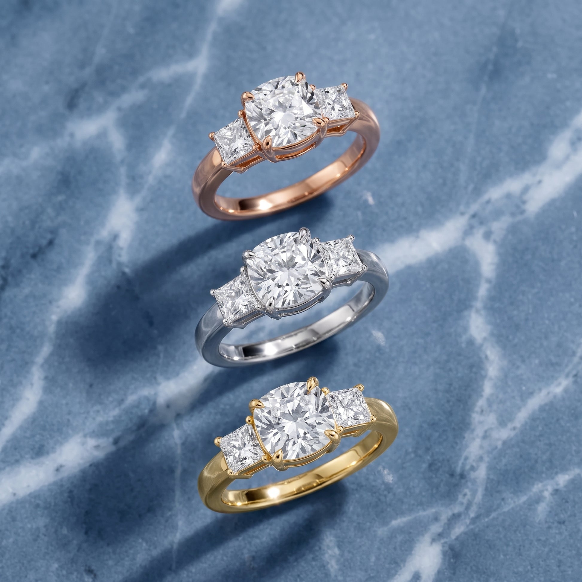 Selena Three-Stone Basket Cushion Diamond Ring in Rose Gold - 3rings.jpg