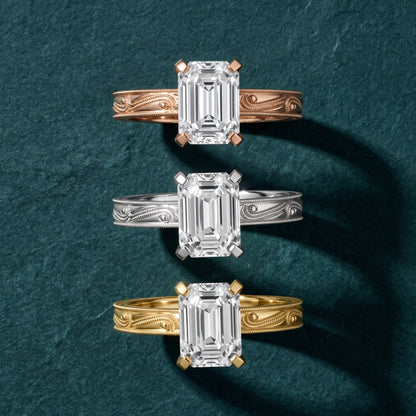Abbie Engraved Solitaire Emerald Diamond Engagement Ring in White Gold - 3rings.jpg