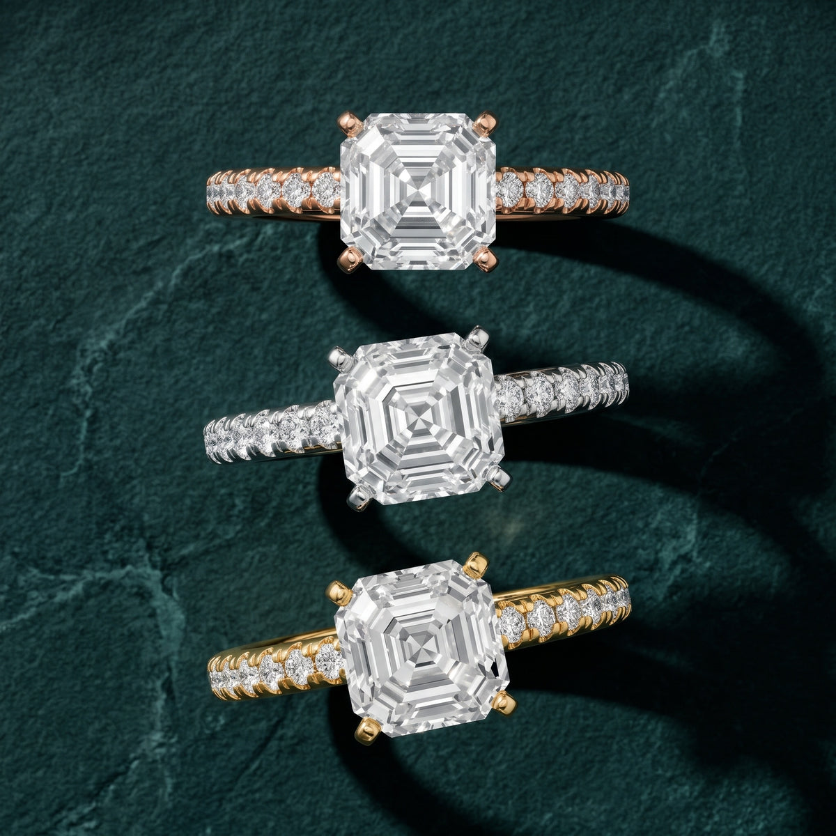 Raquel Scalloped Pavé Asscher Diamond Engagement Ring in Yellow Gold - 3rings.jpg