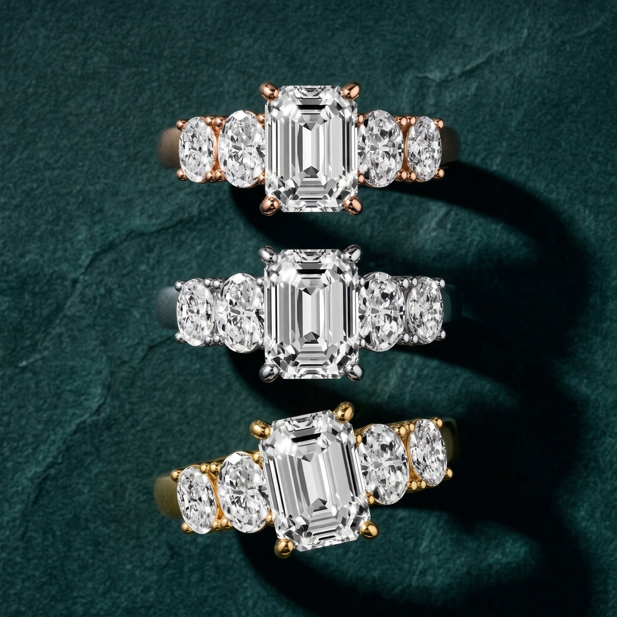 Judith Statement Five-Stone Emerald Diamond Engagement Ring in White Gold - 3rings.jpg
