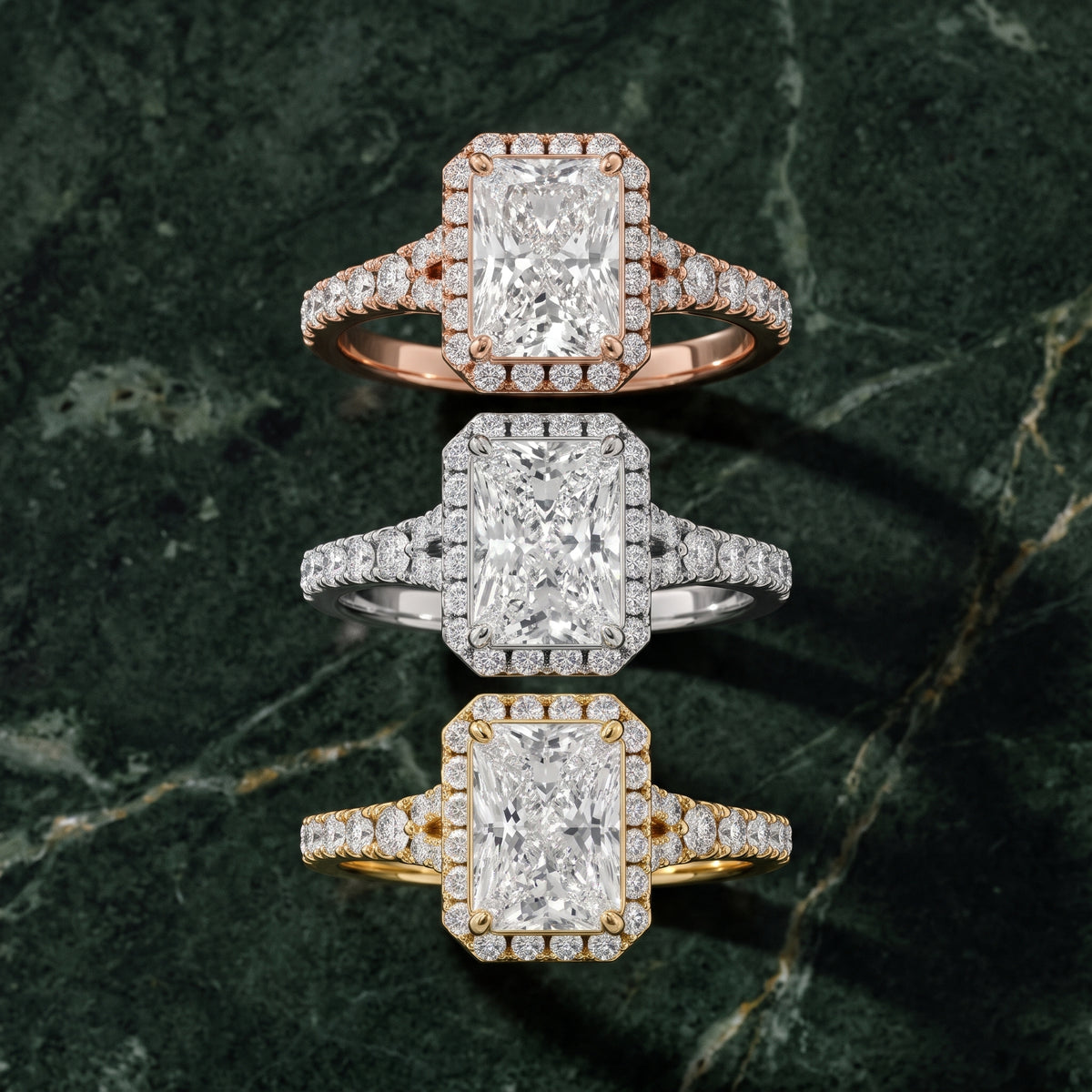 Bella Halo Pavé Radiant Diamond Engagement Ring in Platinum - 3rings.jpg
