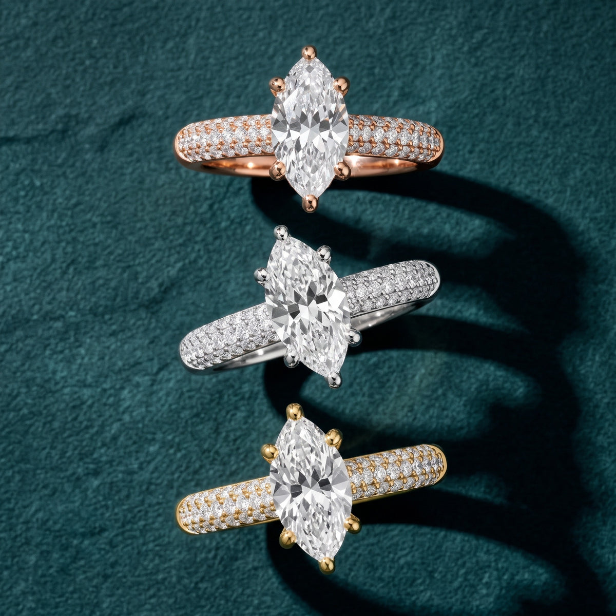 River Hidden Halo Dome Marquise Diamond Engagement Ring in White Gold - 3rings.jpg