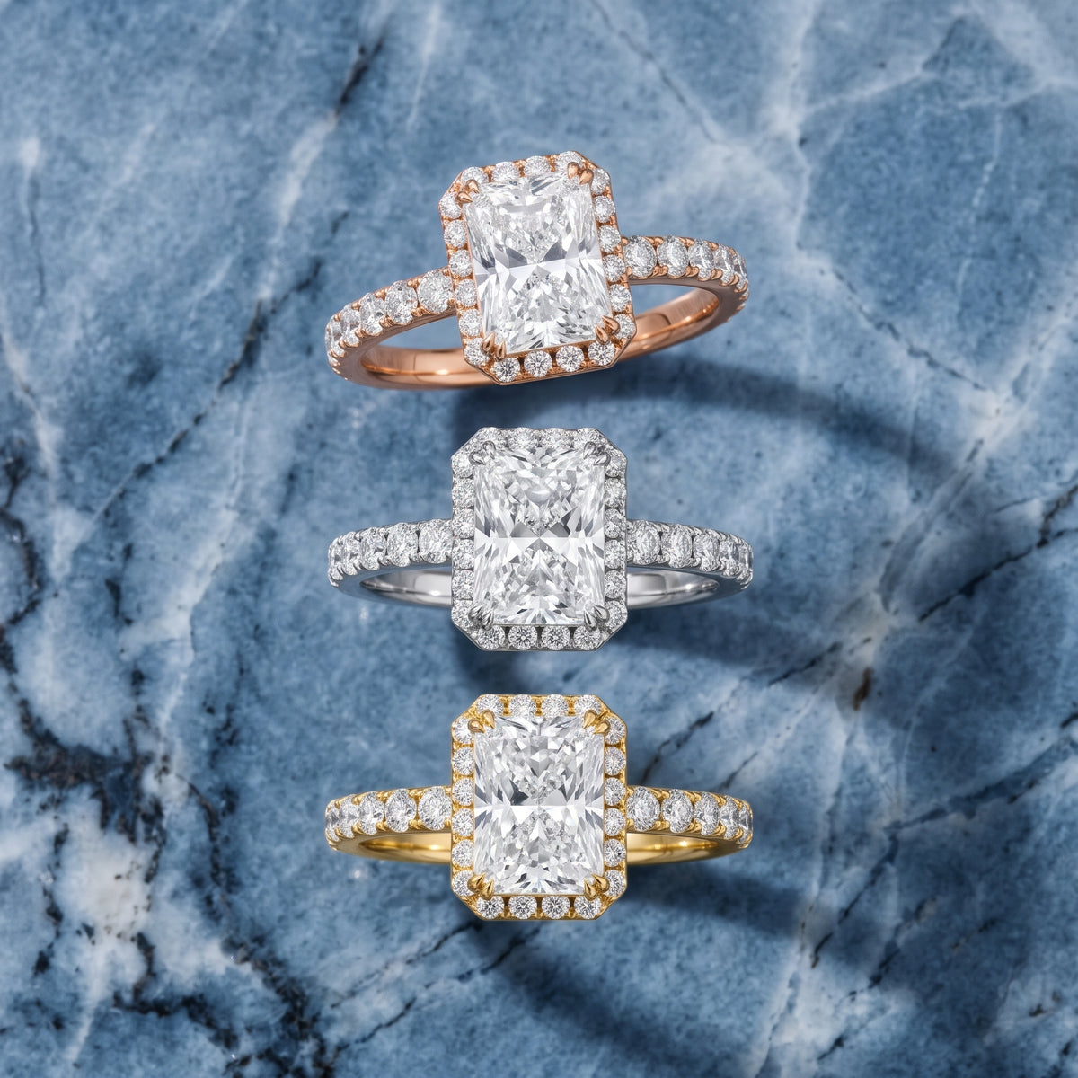Chloe Halo Pavé Radiant Diamond Engagement Ring in Rose Gold - 3rings.jpg