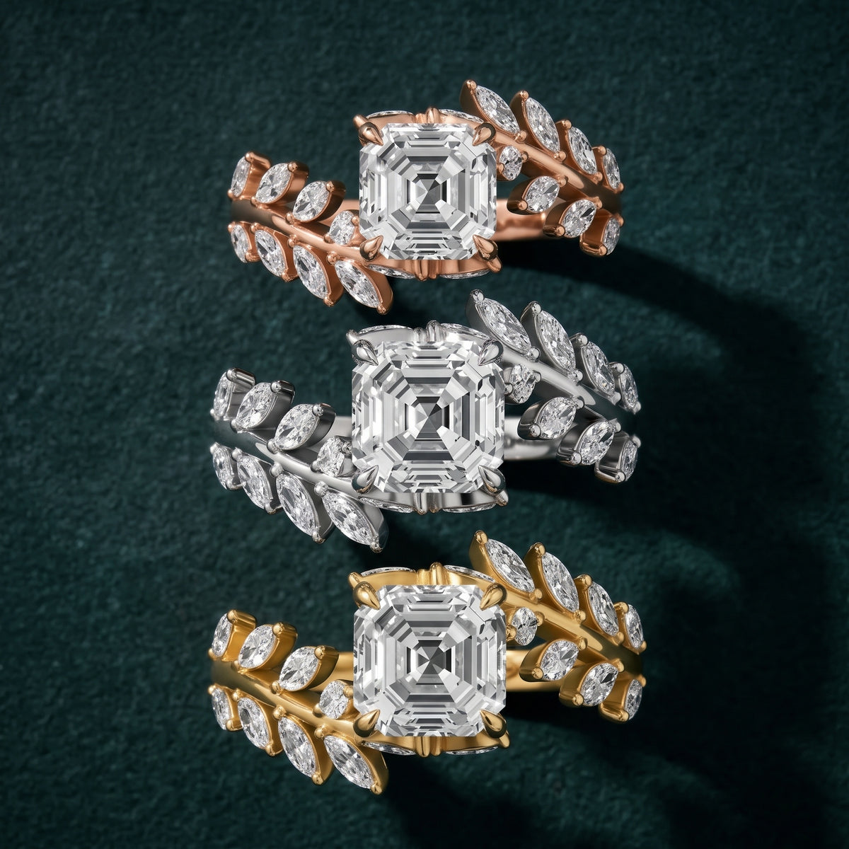 Clarion Leaf Bypass Asscher Diamond Engagement Ring in Platinum - 3rings.jpg