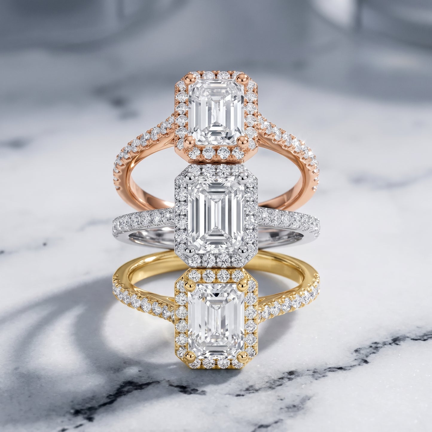 Sophie Halo Pavé Emerald Diamond Ring in Rose Gold - 3rings.jpg