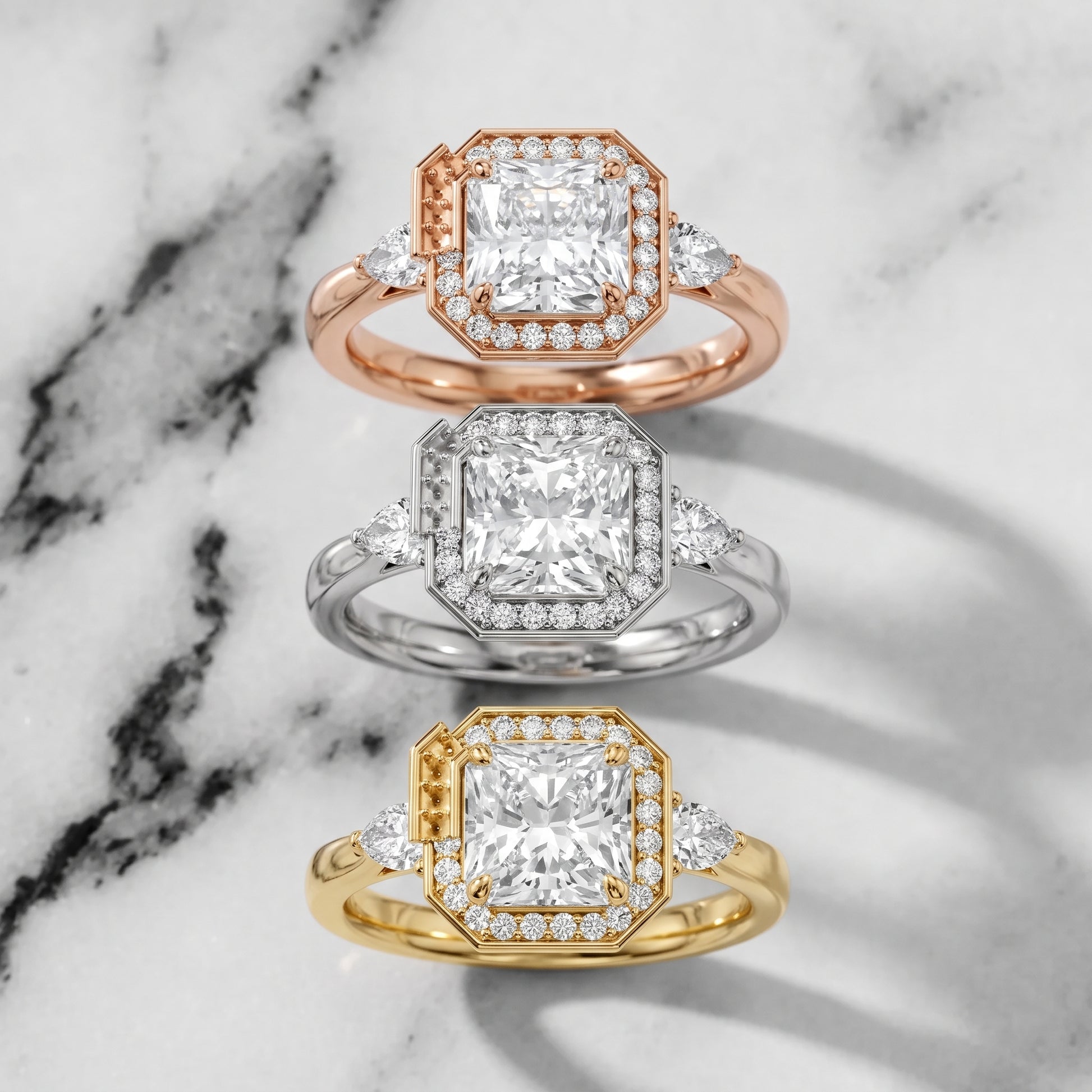 Eliza Halo Sidestone Radiant Diamond Engagement Ring in Rose Gold - 3rings.jpg