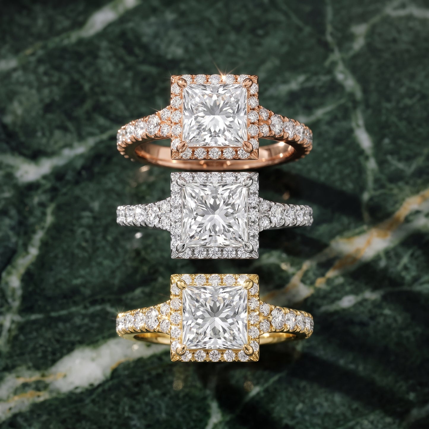 Bella Halo Pavé Princess Diamond Engagement Ring in Rose Gold - 3rings.jpg