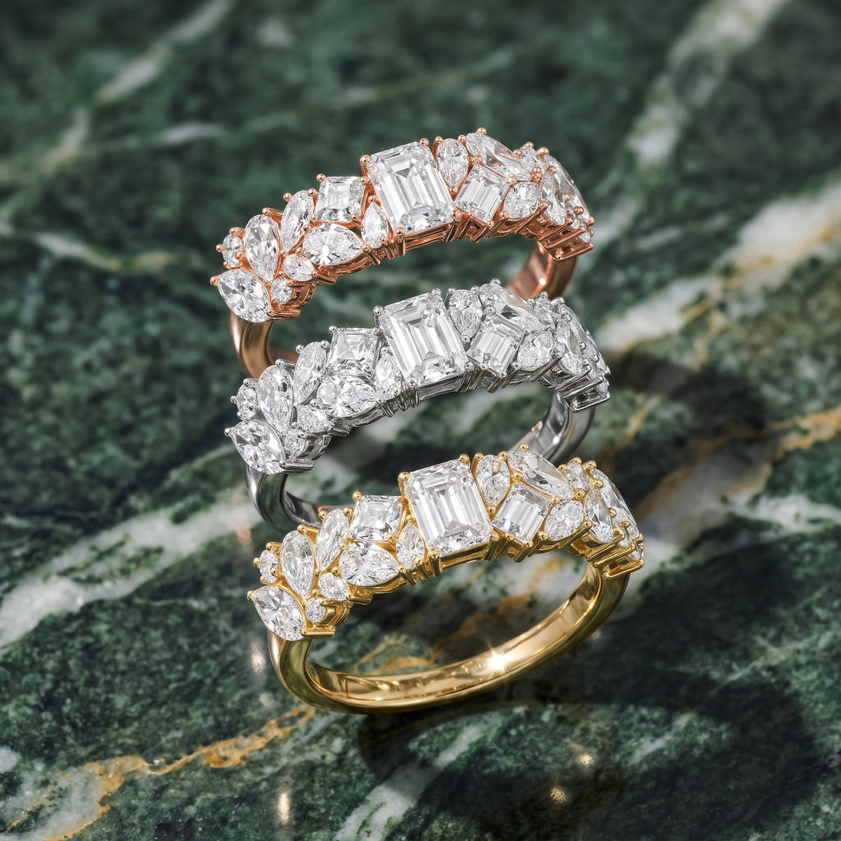Isha Cluster Emerald & Pear Diamond Anniversary Ring in Yellow Gold - 3rings.jpg