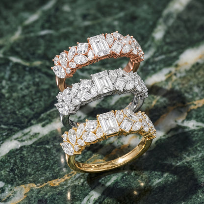 Isha Cluster Emerald & Pear Diamond Anniversary Ring in Yellow Gold - 3rings.jpg