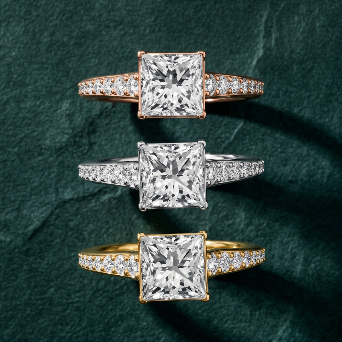 Linda Graduated Pavé Princess Diamond Engagement Ring in Yellow Gold - 3rings.jpg