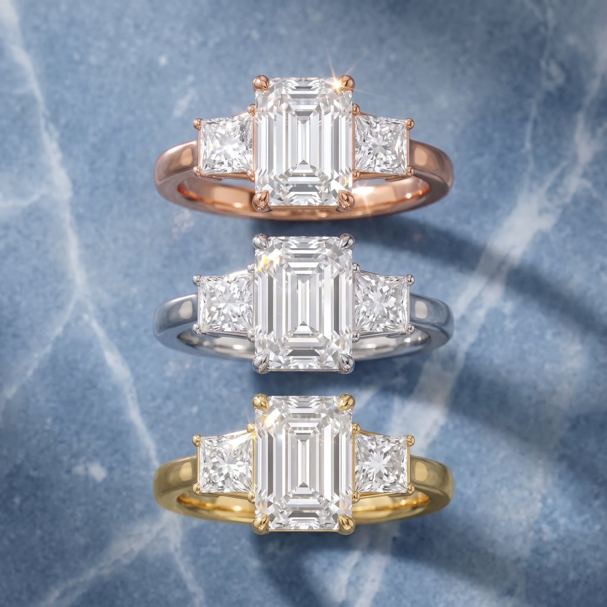 Selena Three-Stone Basket Emerald Diamond Ring in Platinum - 3rings.jpg