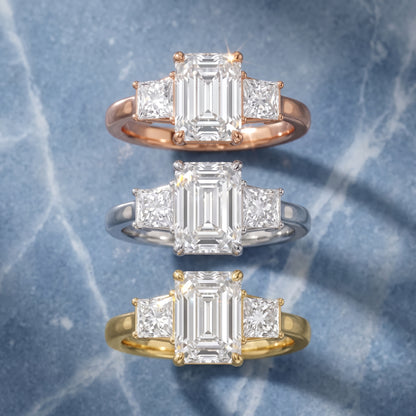Selena Three-Stone Basket Emerald Diamond Ring in Platinum - 3rings.jpg