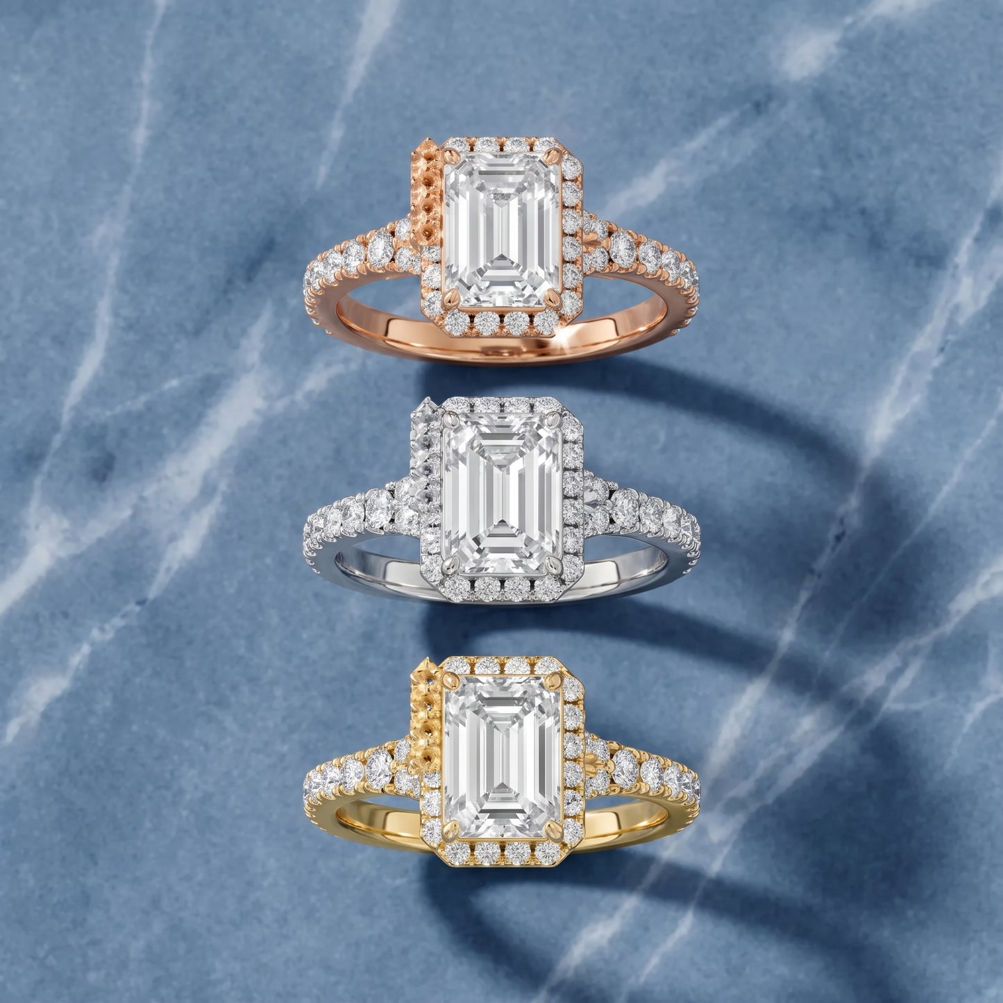 Bella Halo Pavé Emerald Diamond Engagement Ring in Yellow Gold - 3rings.jpg