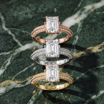 Indie Vintage Milgrain Emerald Diamond Engagement Ring in Platinum - 3rings.jpg