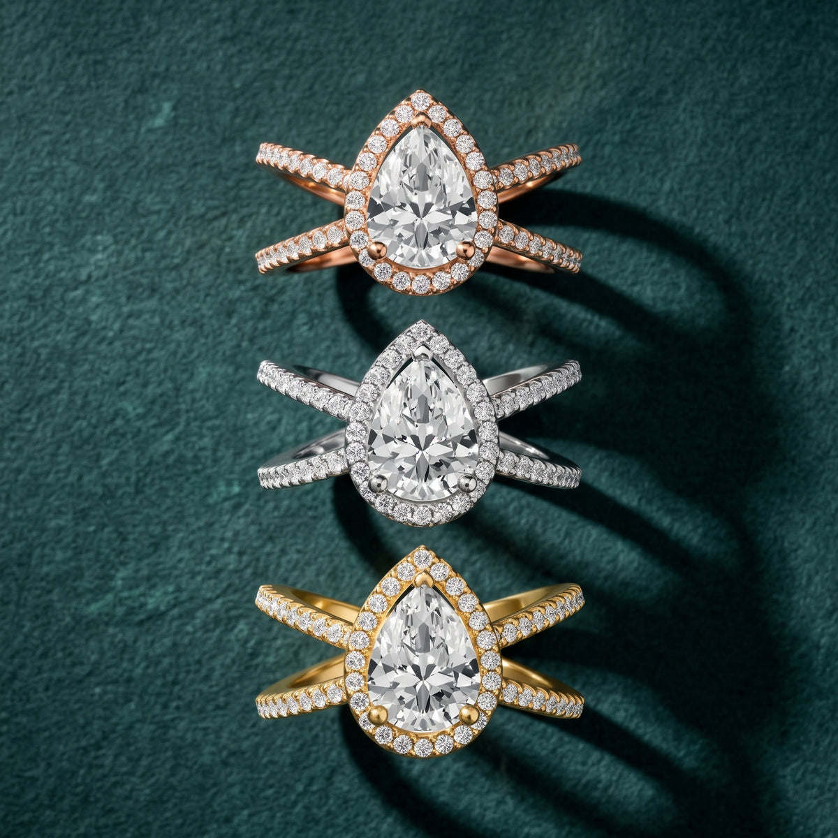 Sparks Crossover Halo Pear Diamond Engagement Ring in Rose Gold - 3rings.jpg